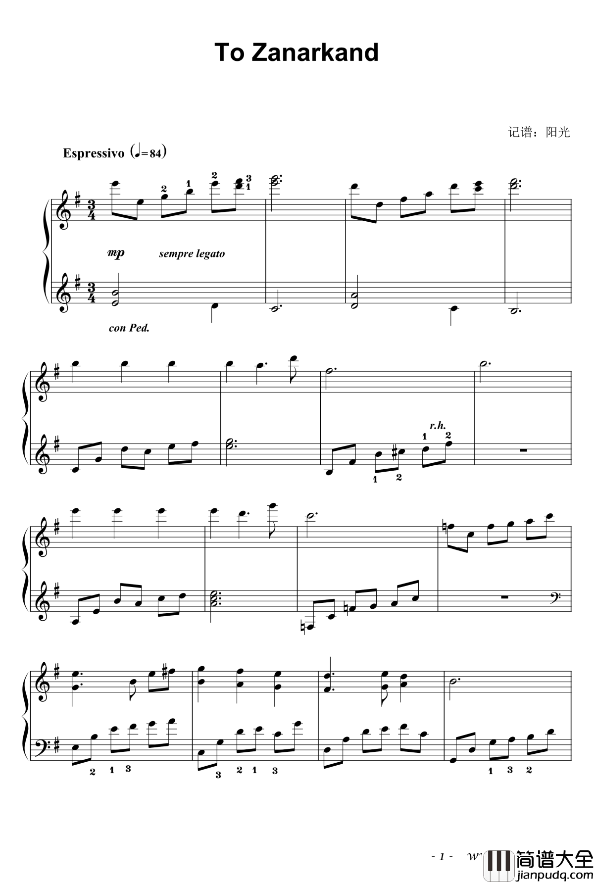 To_Zanarkand钢琴谱_最终幻想