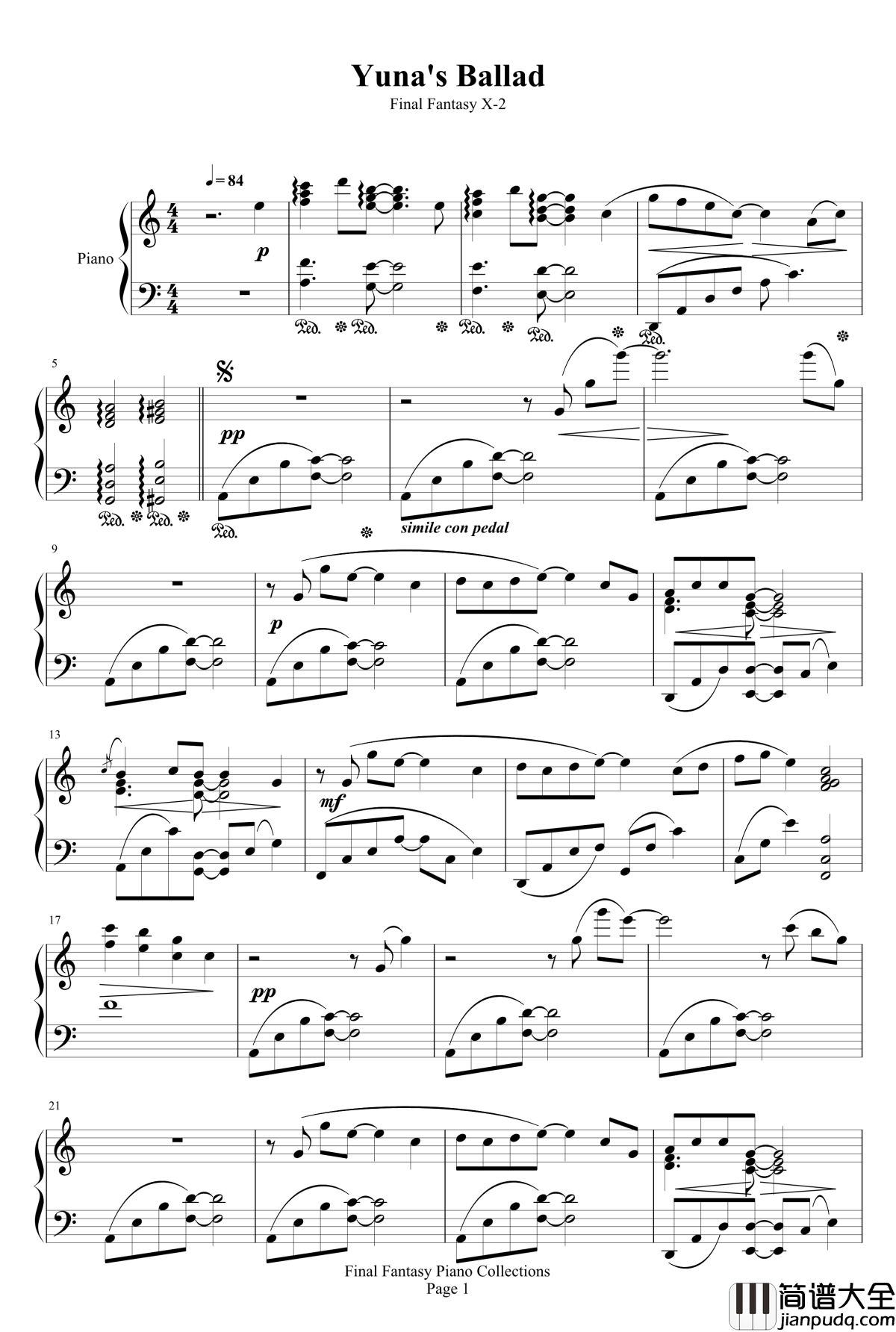 Yuna's_Ballad钢琴谱_最终幻想