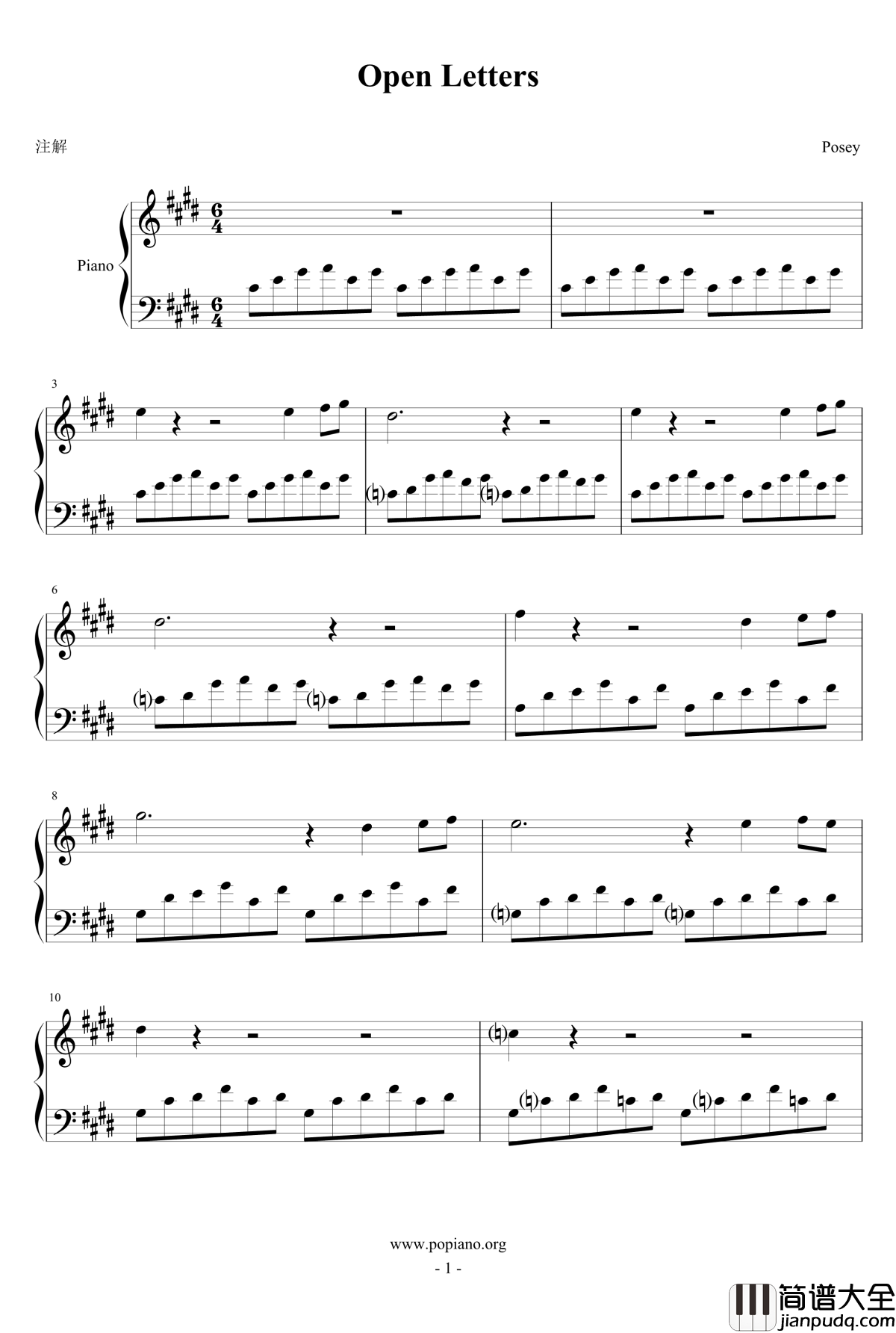 Open_Letters钢琴谱_Dustin_O&amp_amp_apos_Halloran