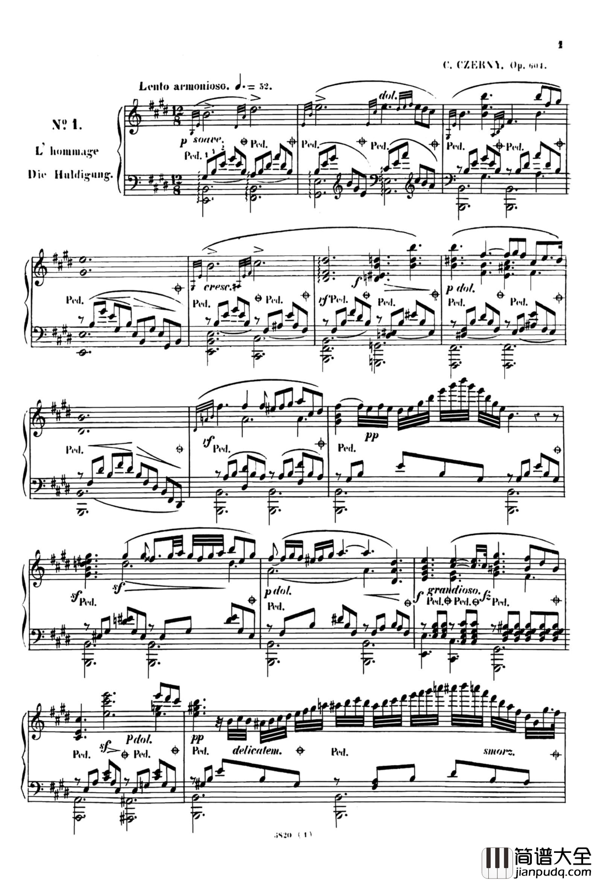 E大调夜曲Op.604No.1钢琴谱_斯甘巴蒂_车尔尼__敬意