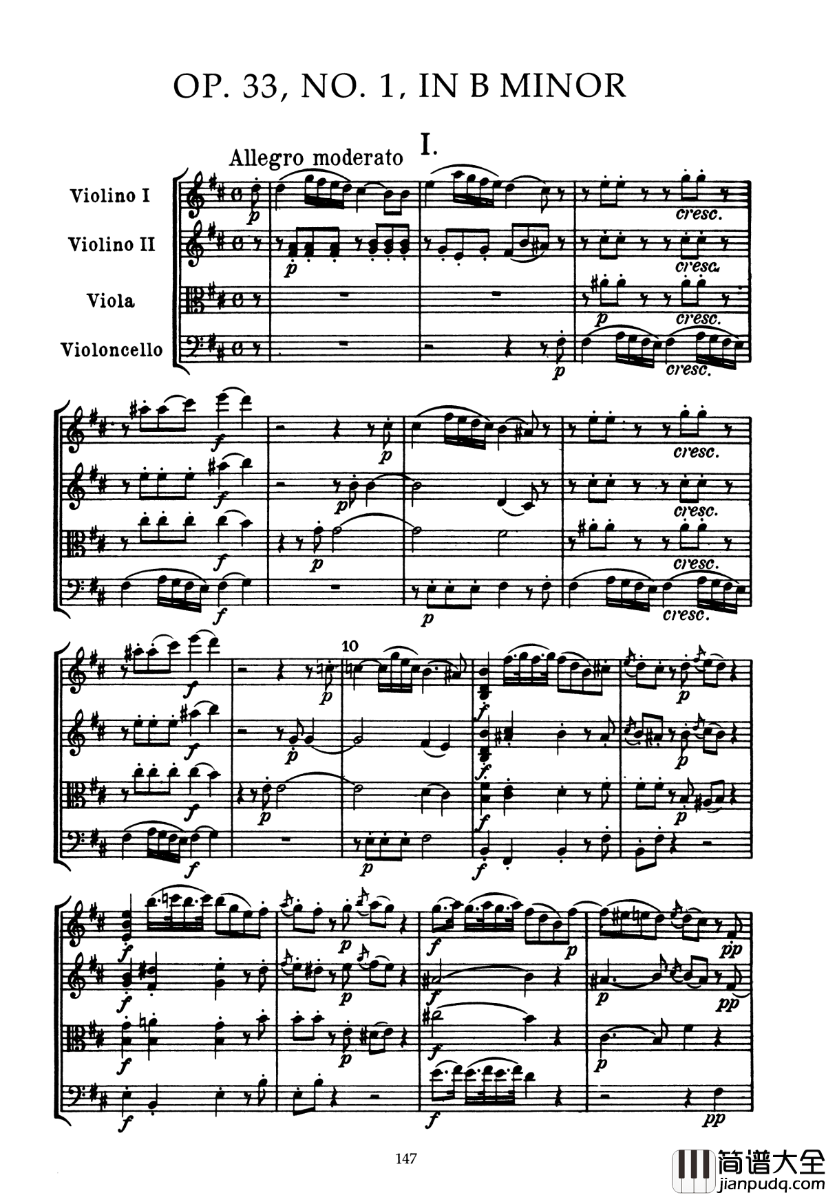 b小调弦乐四重奏_Op.33__No.1钢琴谱_海顿