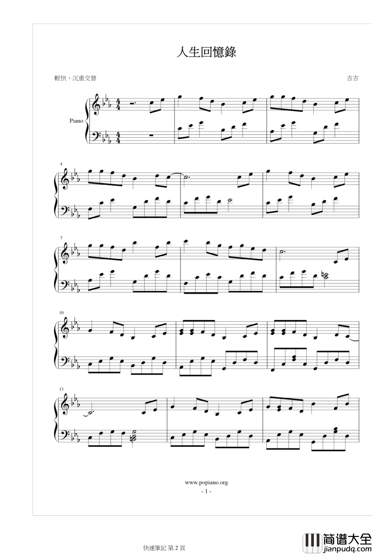 人生回憶錄钢琴谱_王者之喆