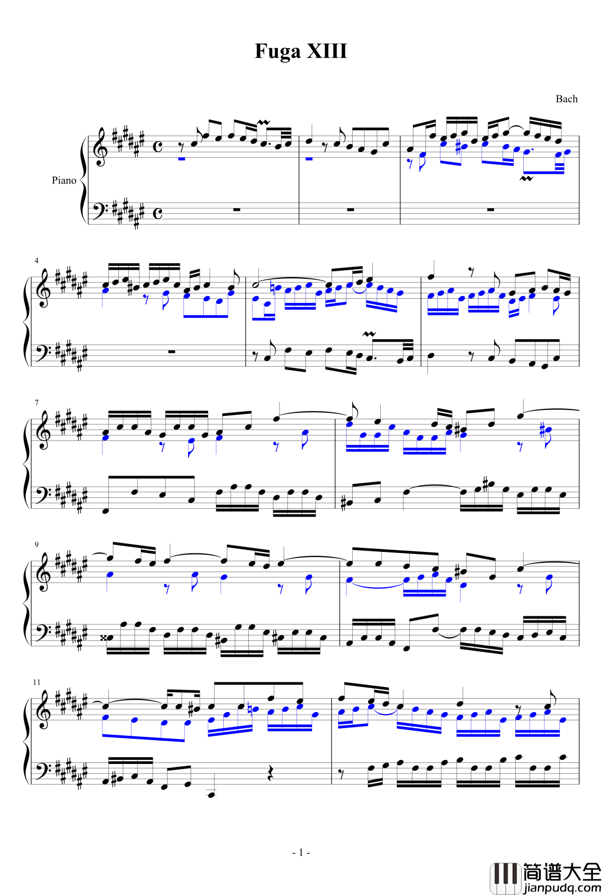 升F大调赋格钢琴谱_J.S.巴赫