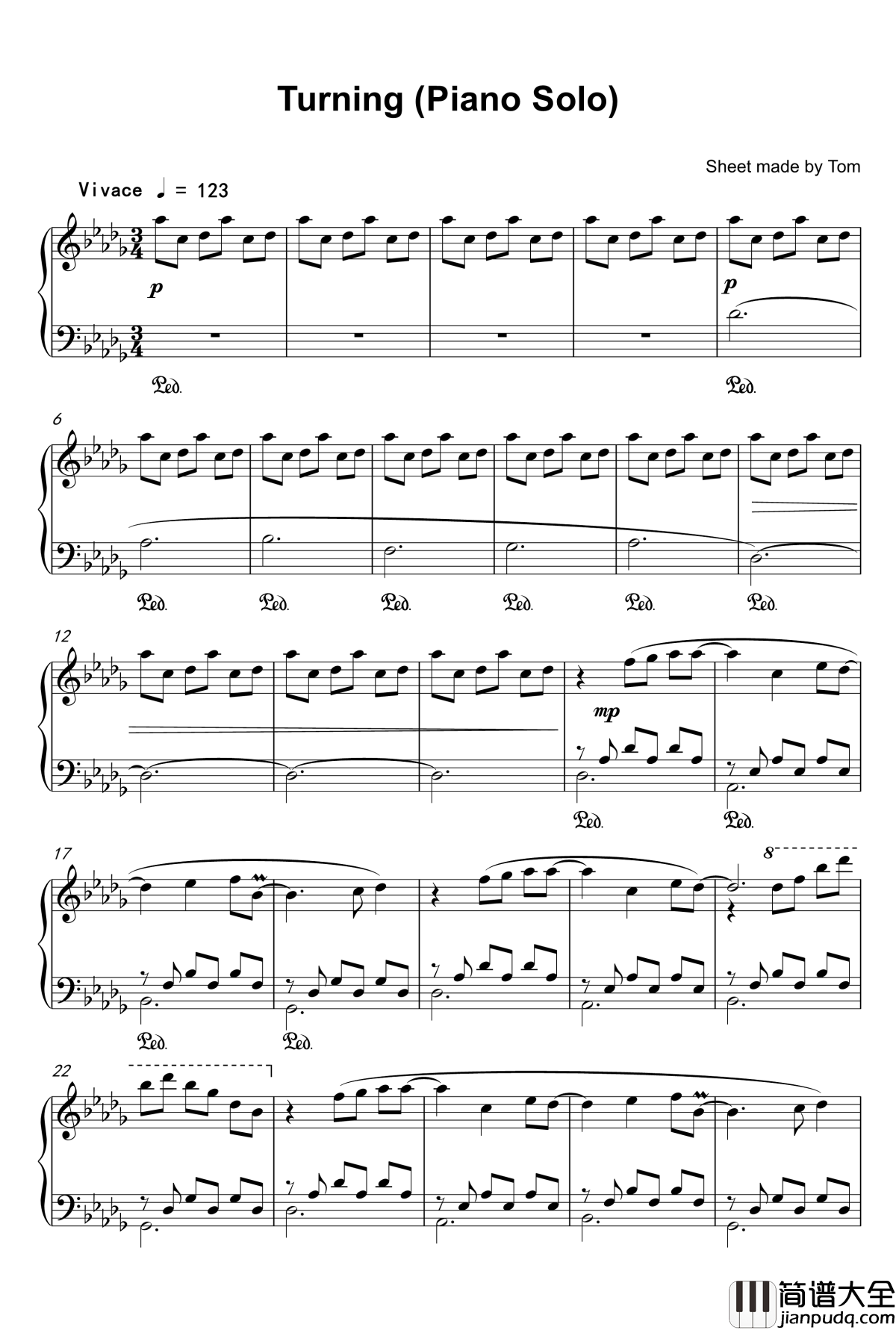 Turning钢琴谱_Piano_Solo_流转起舞_钢琴版_班得瑞_Bandari