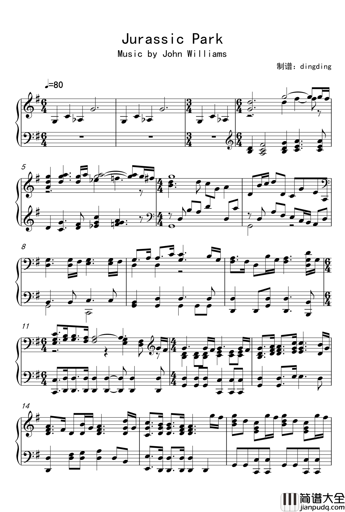 Jurassic_Park_钢琴谱_好莱坞经典电影插曲_John_Williams