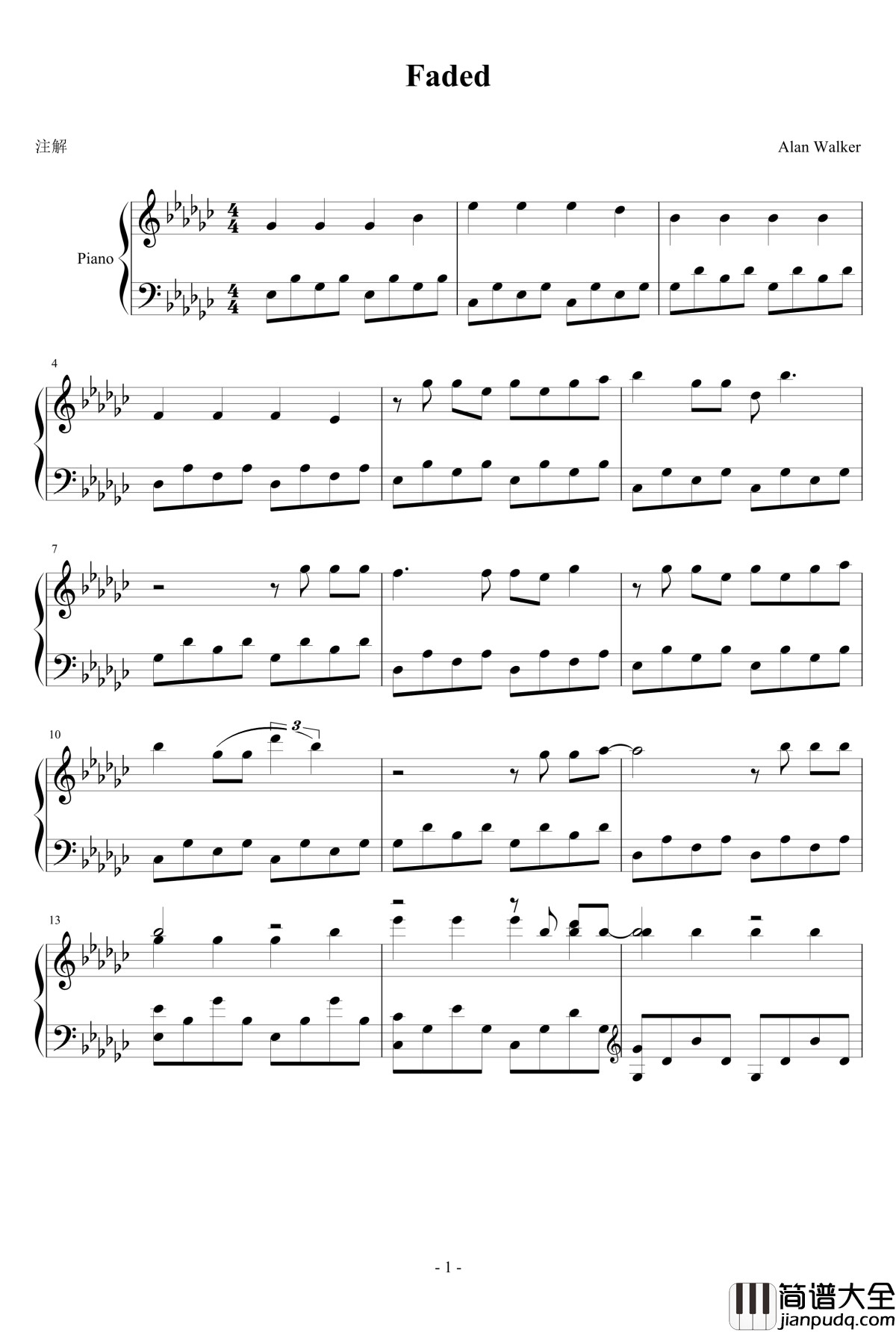 Faded钢琴谱_罗峰