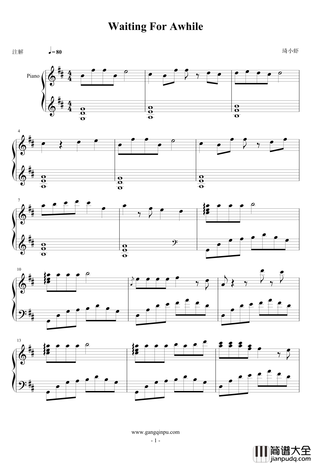 Waiting_for_Awhile钢琴谱_Tanaki_Alison