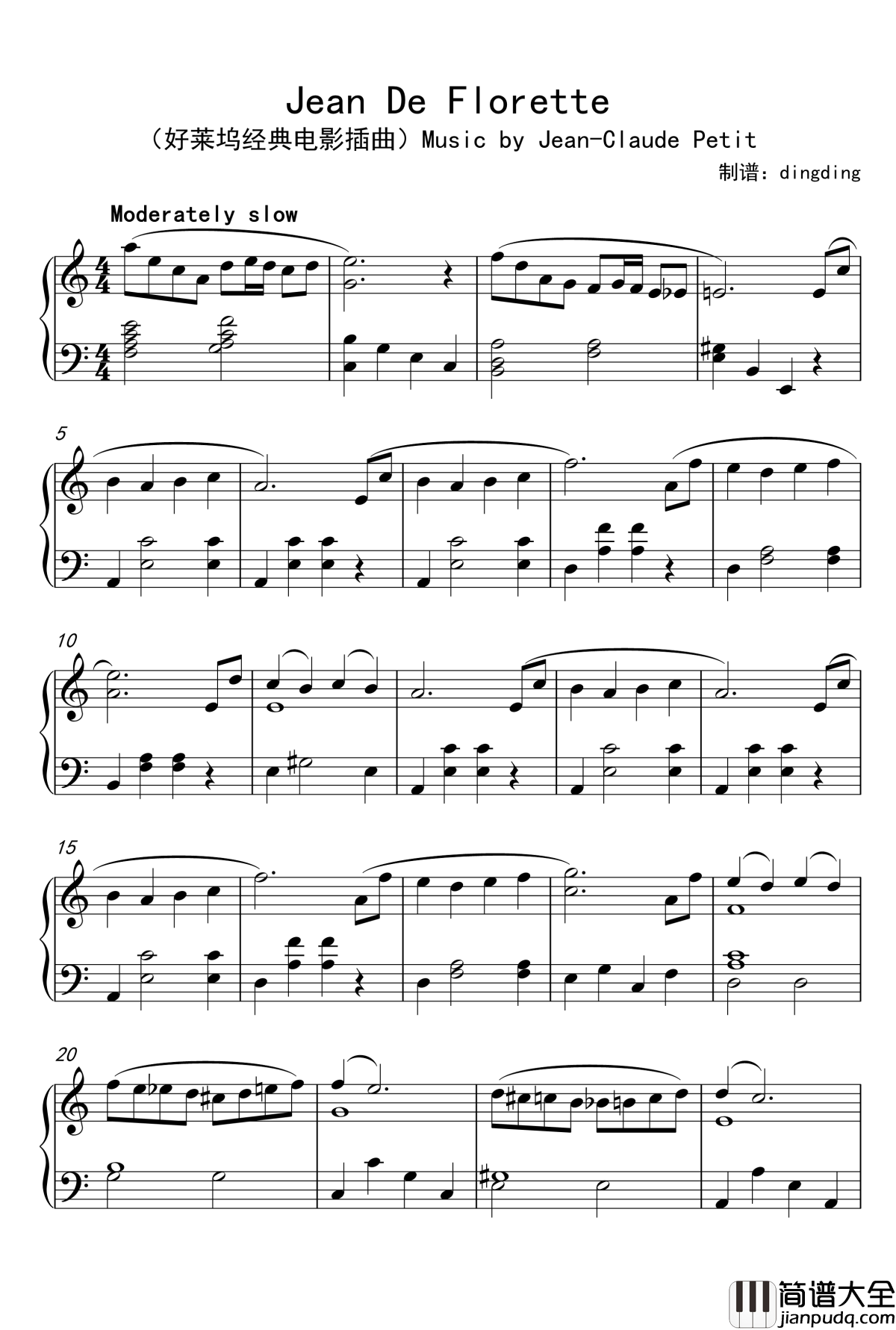 Jean_De_Florette钢琴谱_好莱坞经典电影插曲_Jean_Claude_Petit
