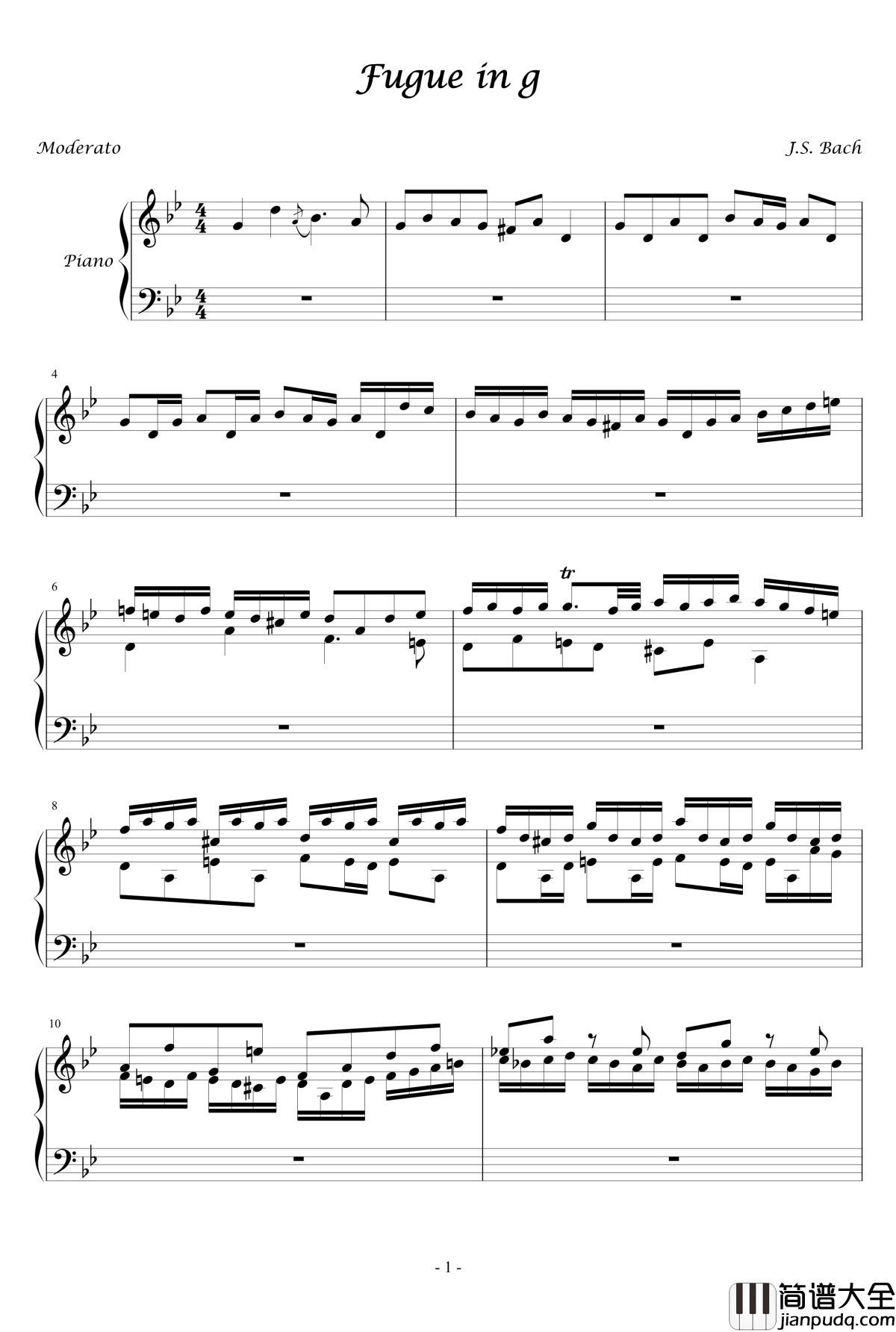 G小调赋格钢琴谱_J.S.巴赫