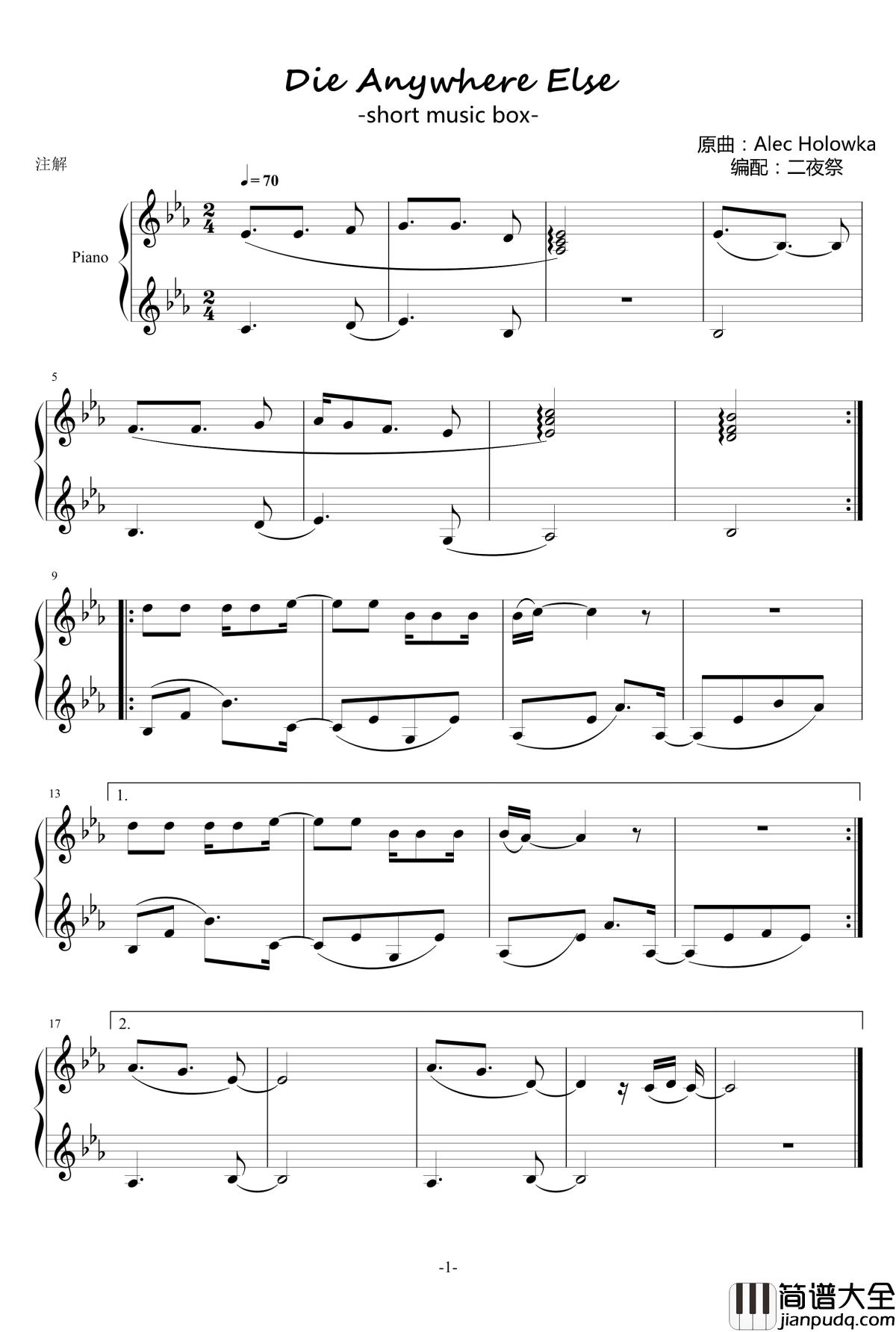 Die_Anywhere_Else钢琴谱_林中之夜_short_music_box