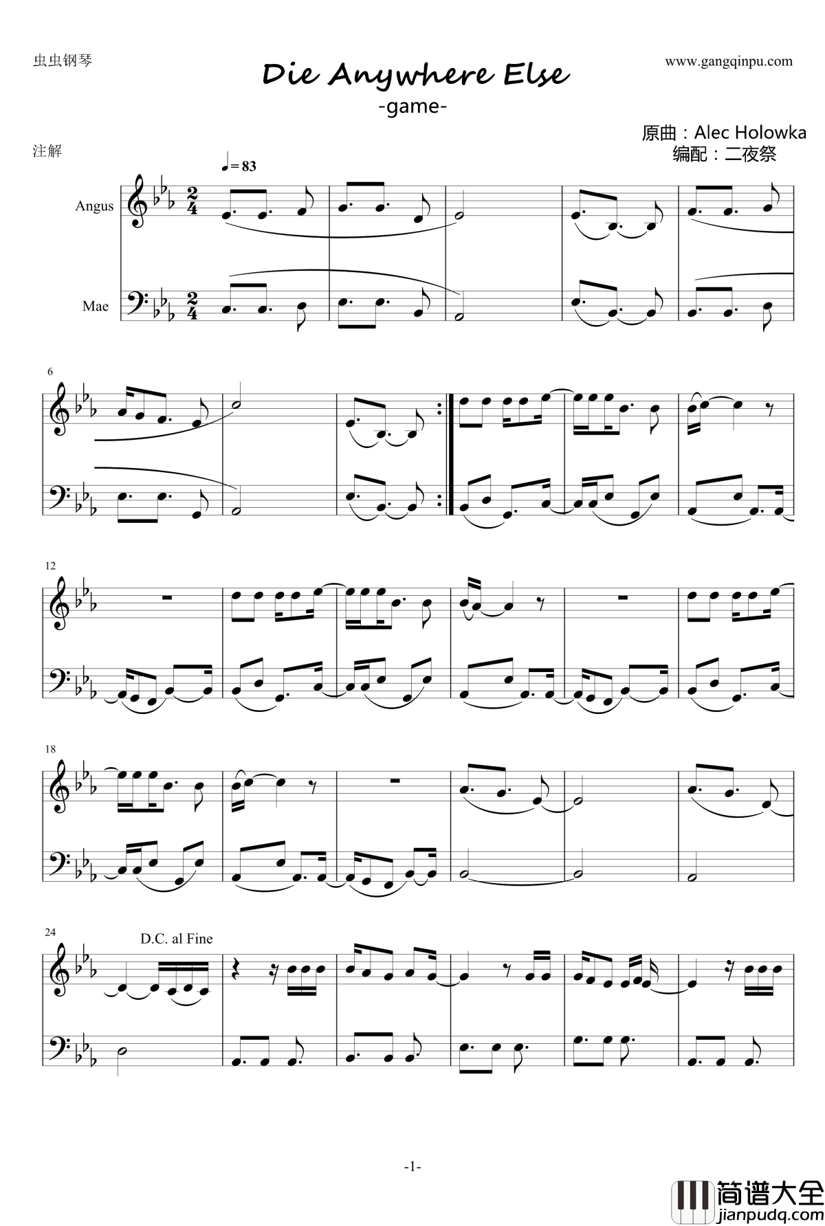 Die_Anywhere_Else钢琴谱_林中之夜_game