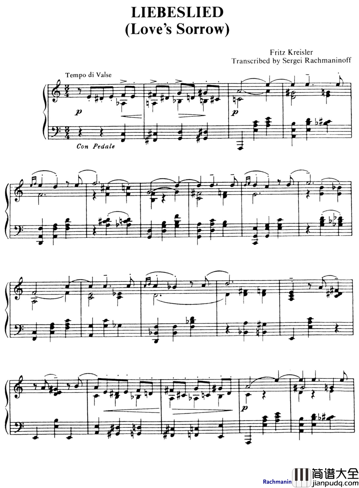 爱的忧伤钢琴谱_拉赫马尼若夫