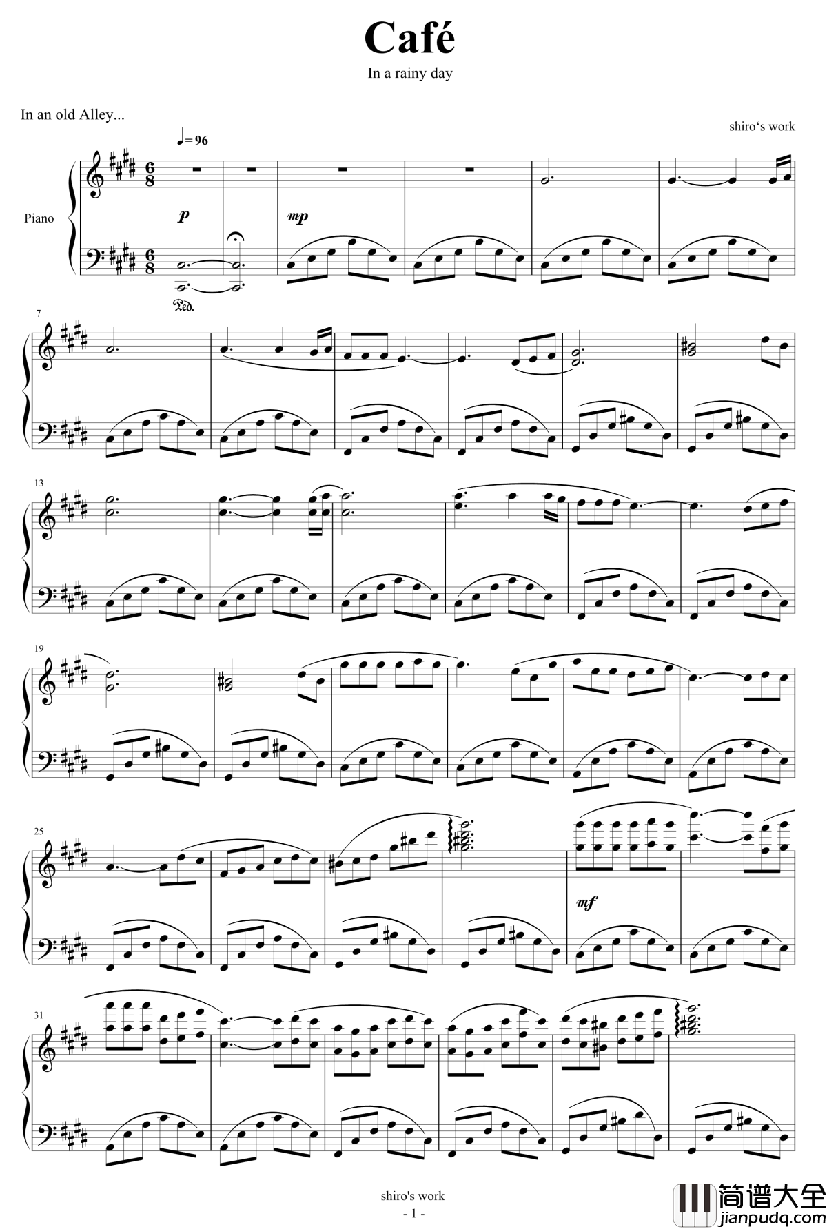雨巷咖啡厅钢琴谱_阴_白shiro