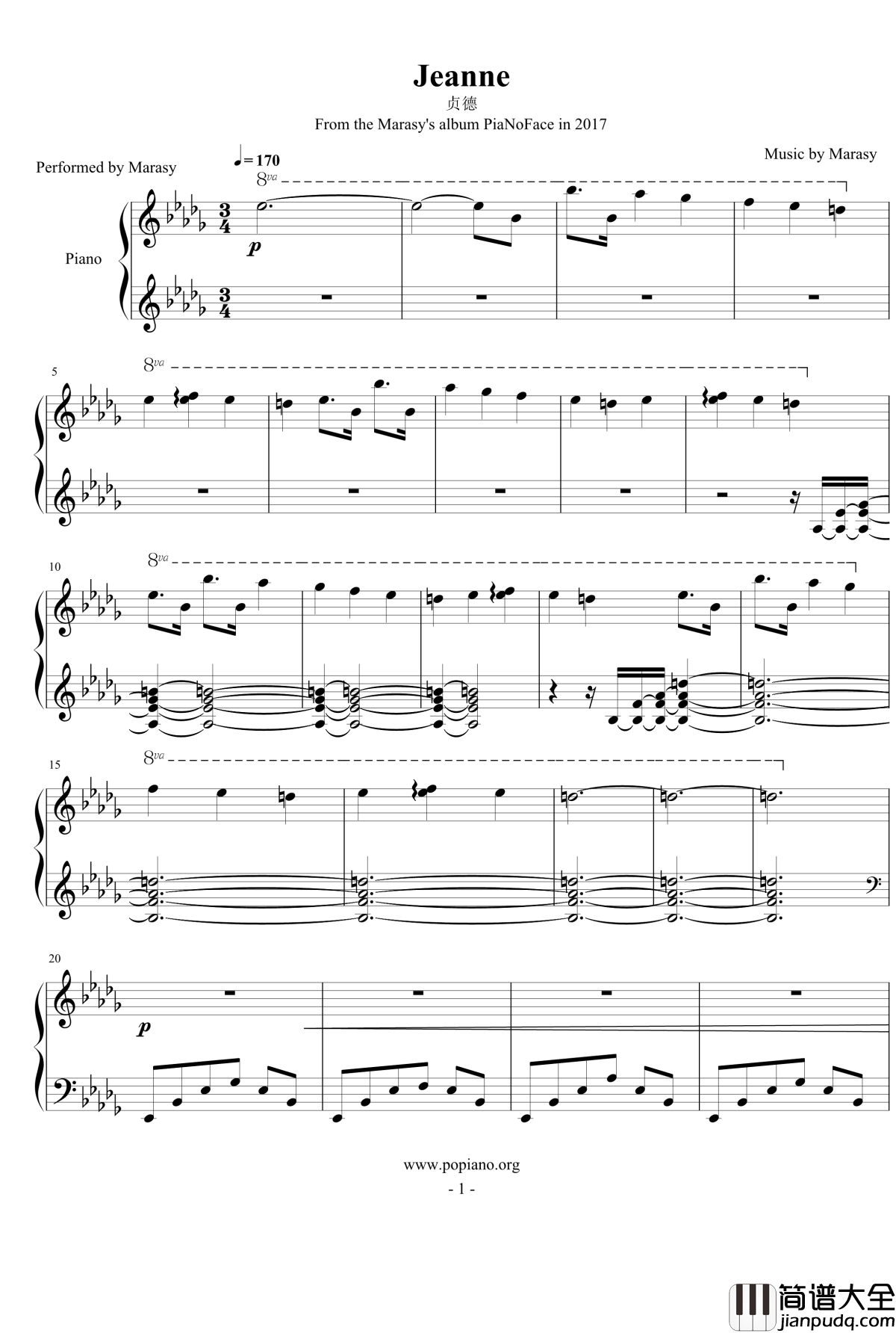 Jeanne钢琴谱_触手猴