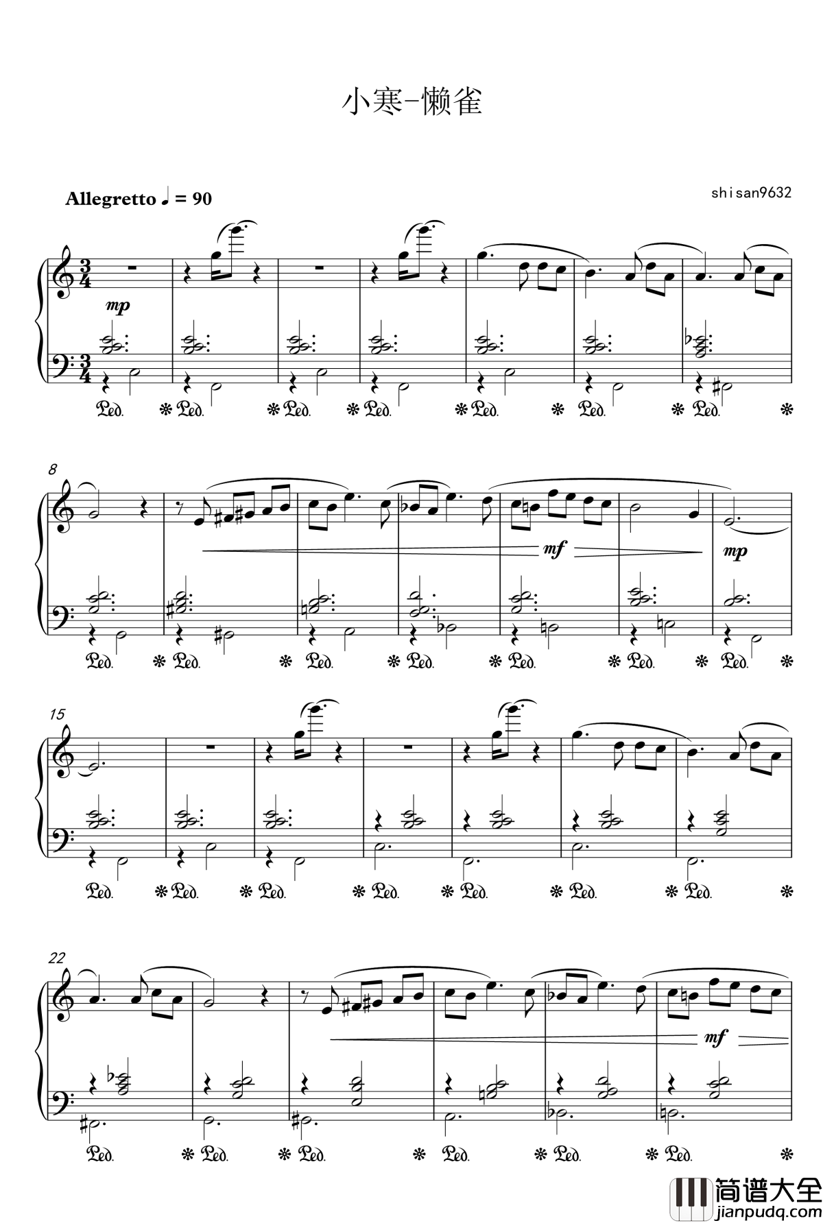 懒雀钢琴谱_shisan9632_小寒
