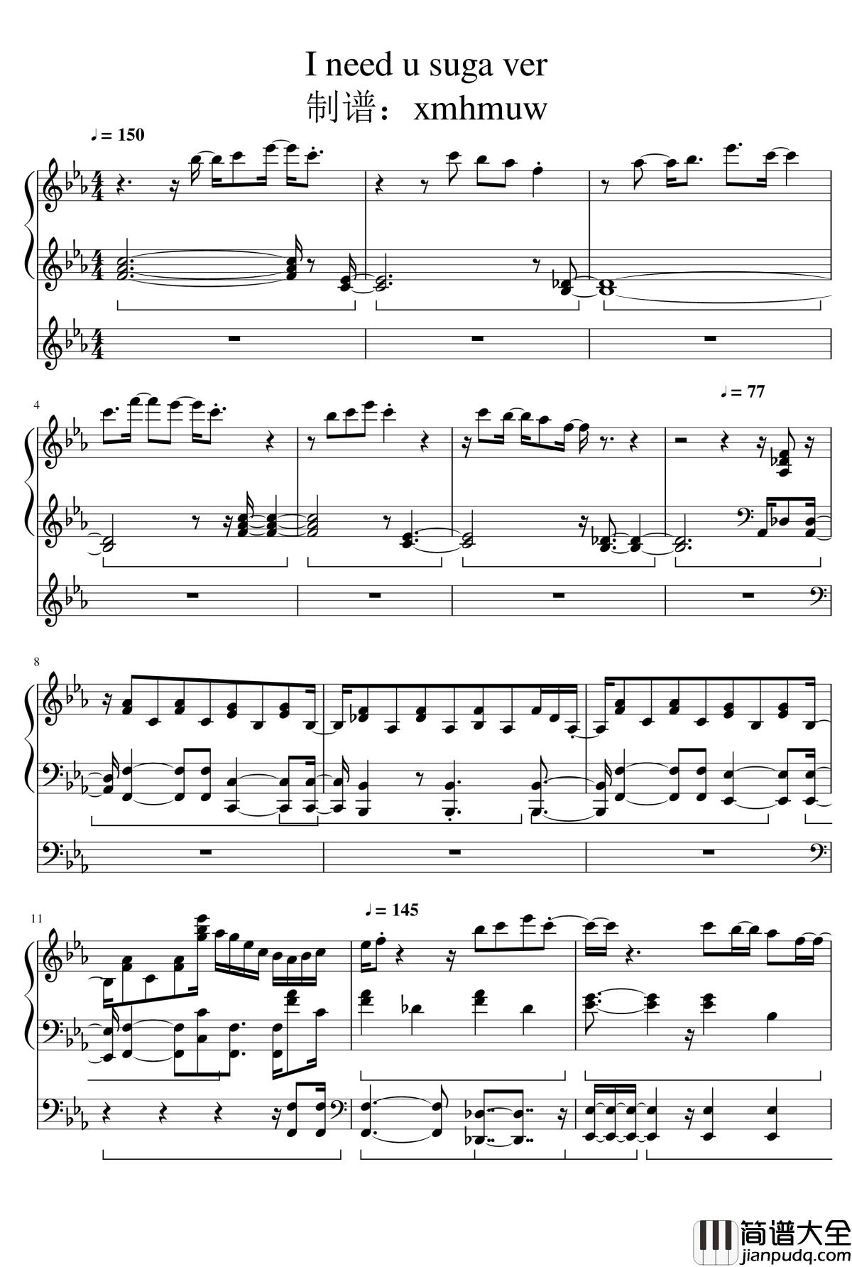 _I_NEED_U_SUGA_puma_ver钢琴谱_防弹少年团
