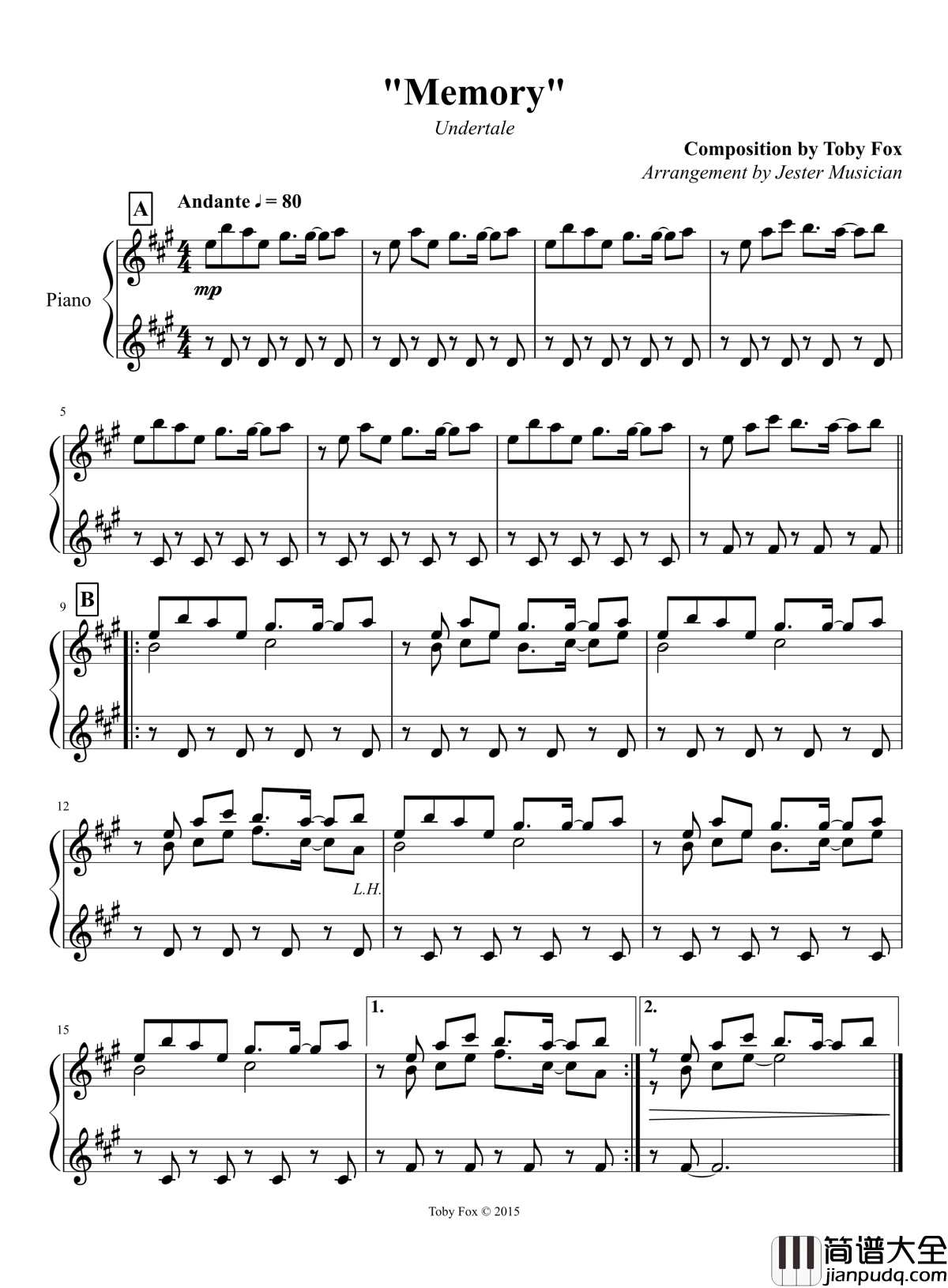 记忆钢琴谱_Undertale