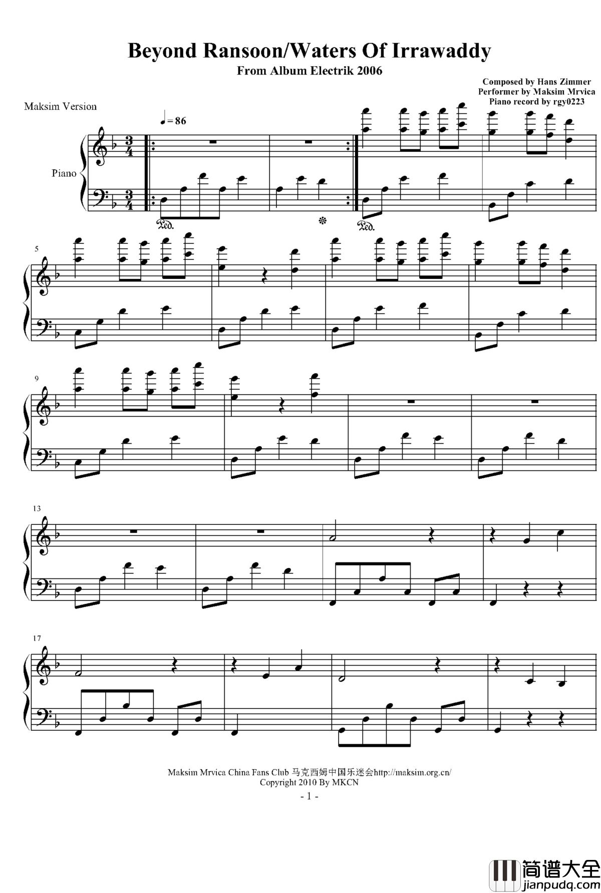 Beyond_Rangoon钢琴谱_Waters_Of_Irrawaddy_马克西姆_Maksim·Mrvica