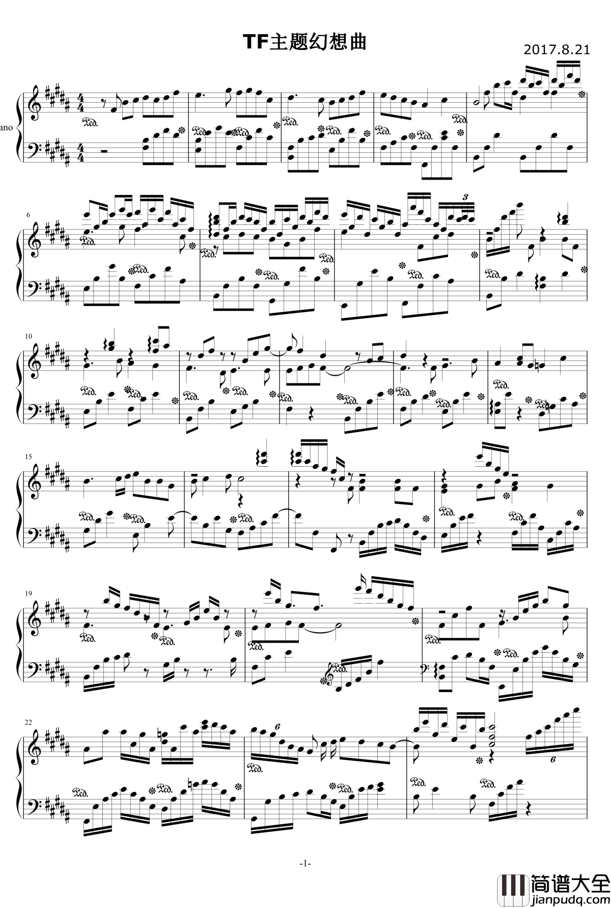 主题幻想曲钢琴谱_TFboys