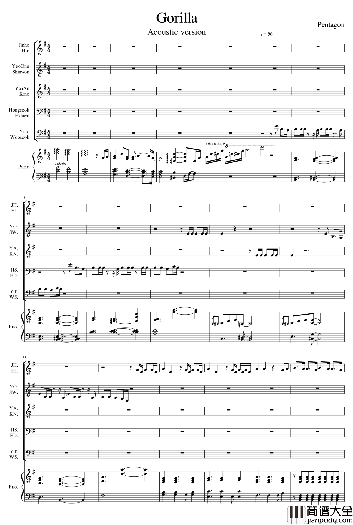 Gorilla钢琴谱_Acoustic_Version_Pentagon