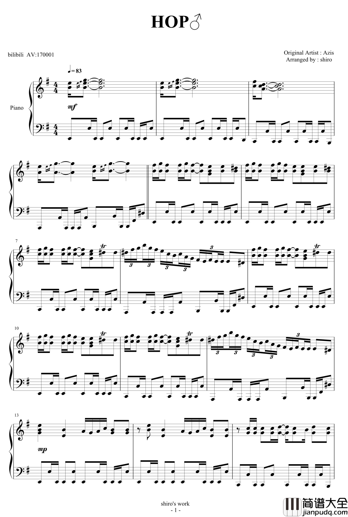 Hop钢琴谱_妖王，慎入23333_Azis