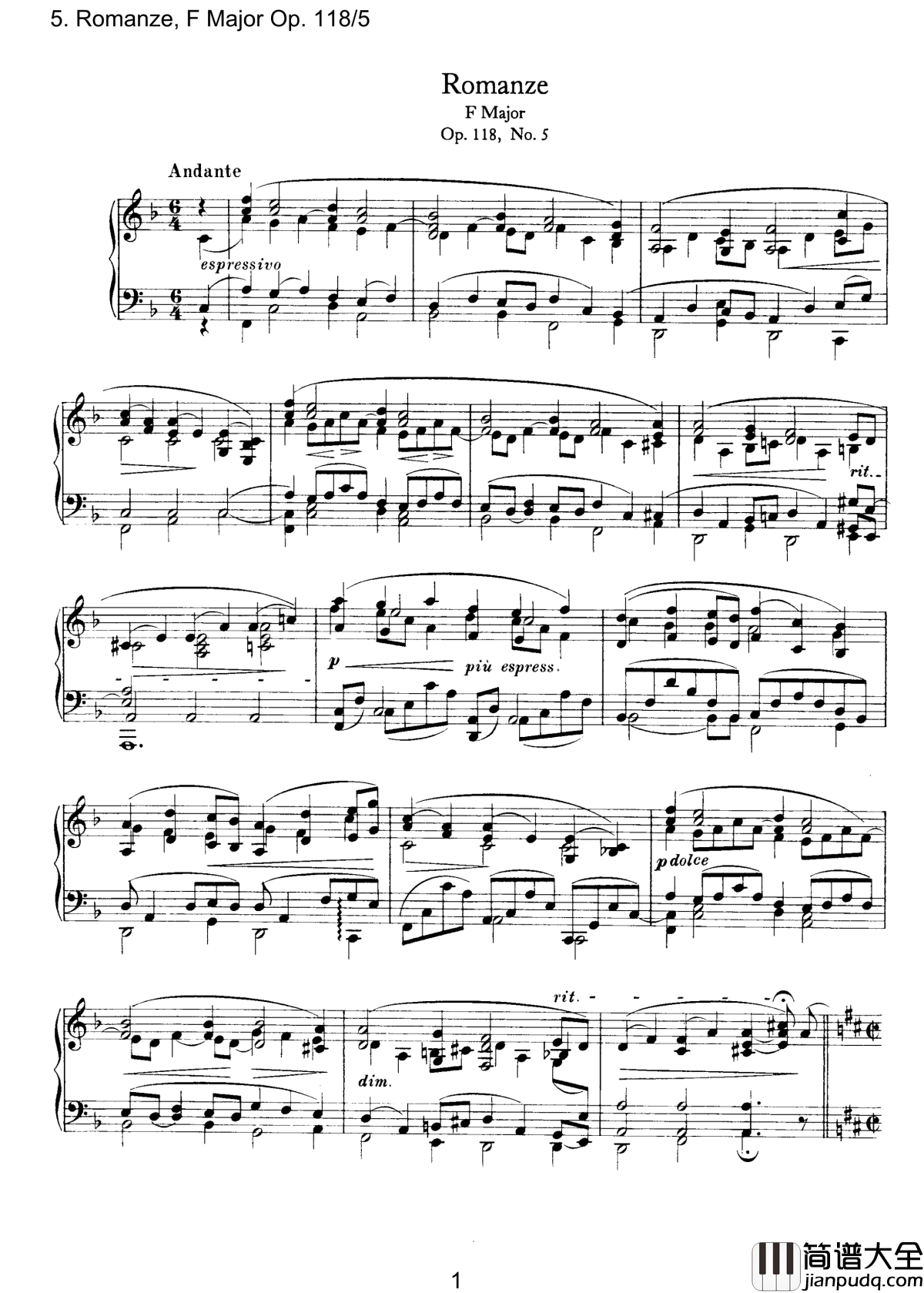 浪漫曲钢琴谱_Op.118__No.5勃拉姆斯
