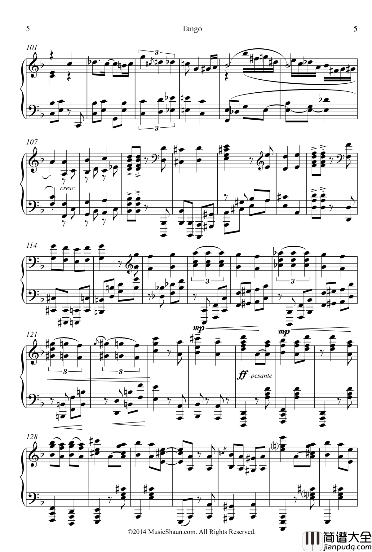 肖恩的探戈钢琴谱_世界名曲