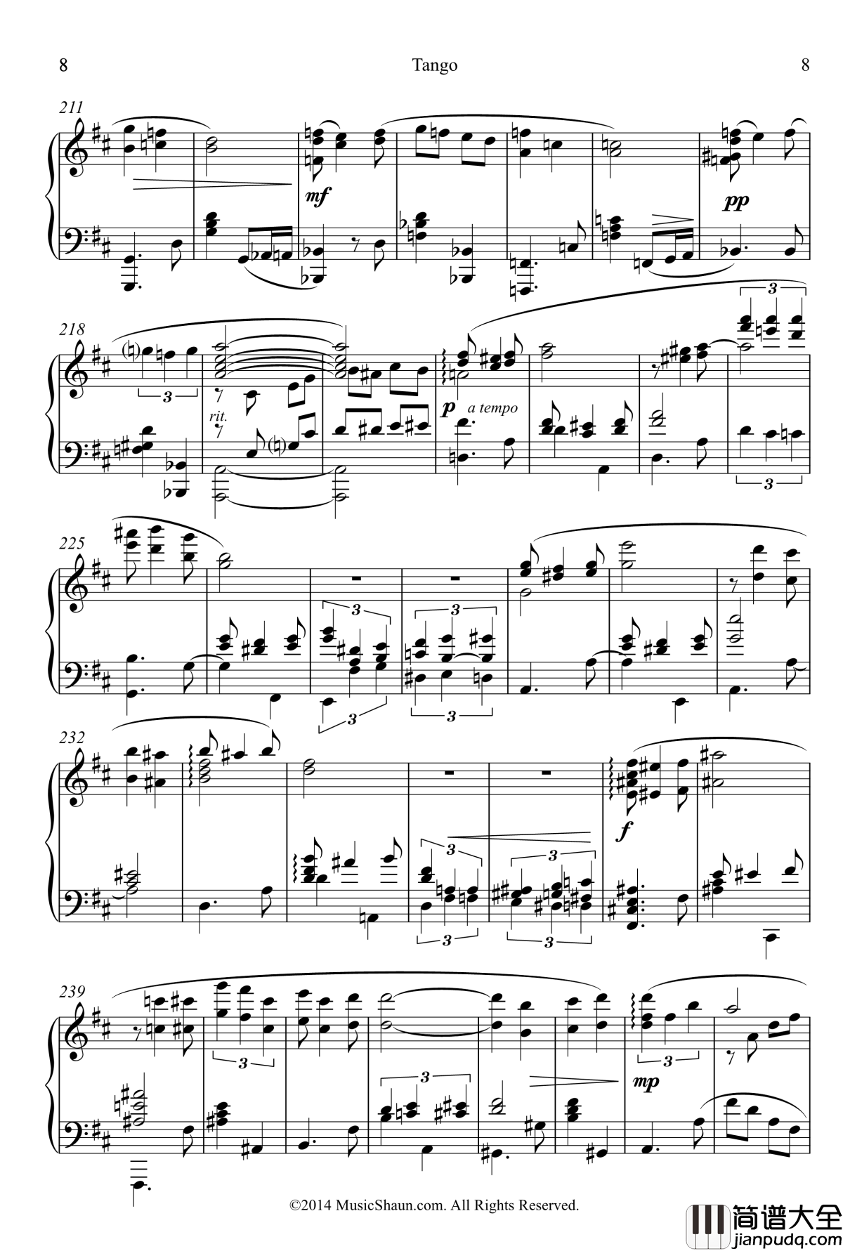 肖恩的探戈钢琴谱_世界名曲