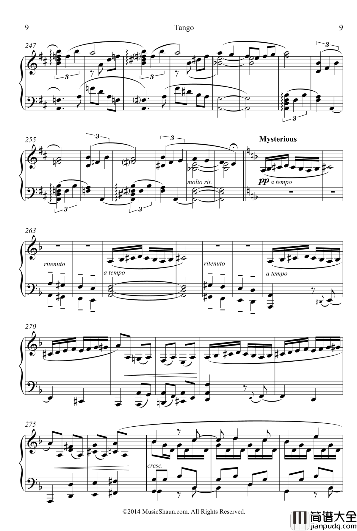 肖恩的探戈钢琴谱_世界名曲