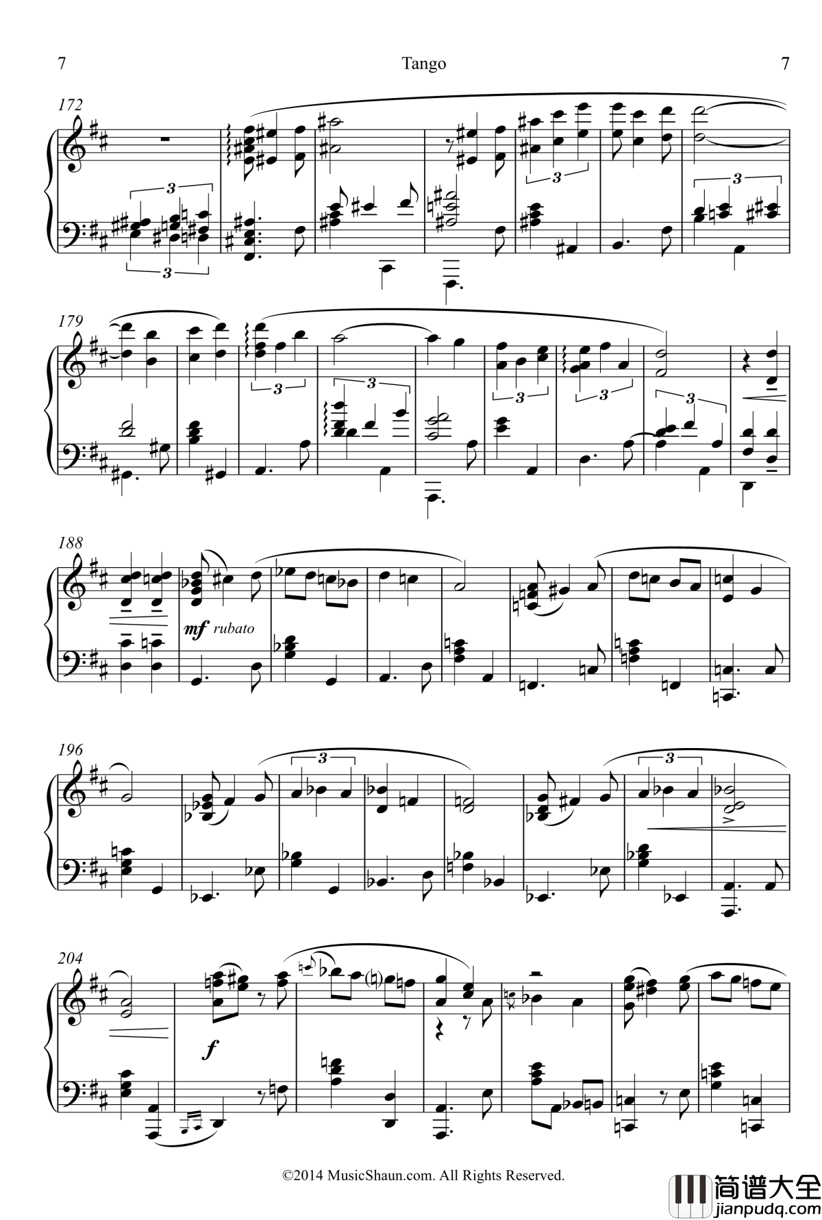 肖恩的探戈钢琴谱_世界名曲