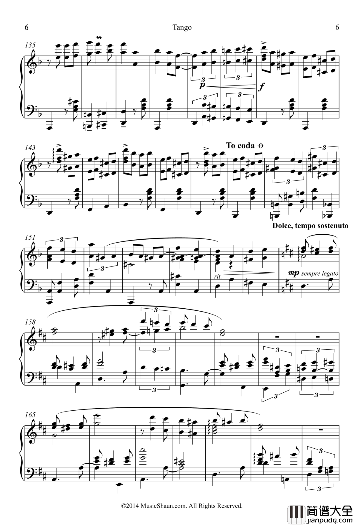 肖恩的探戈钢琴谱_世界名曲