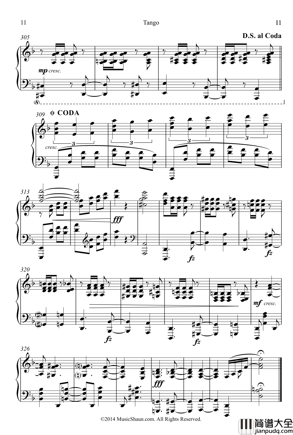 肖恩的探戈钢琴谱_世界名曲