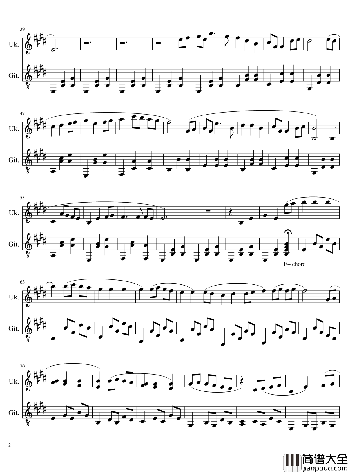 千与千寻片尾曲钢琴谱Always_with_me_吉他和乌克丽丽