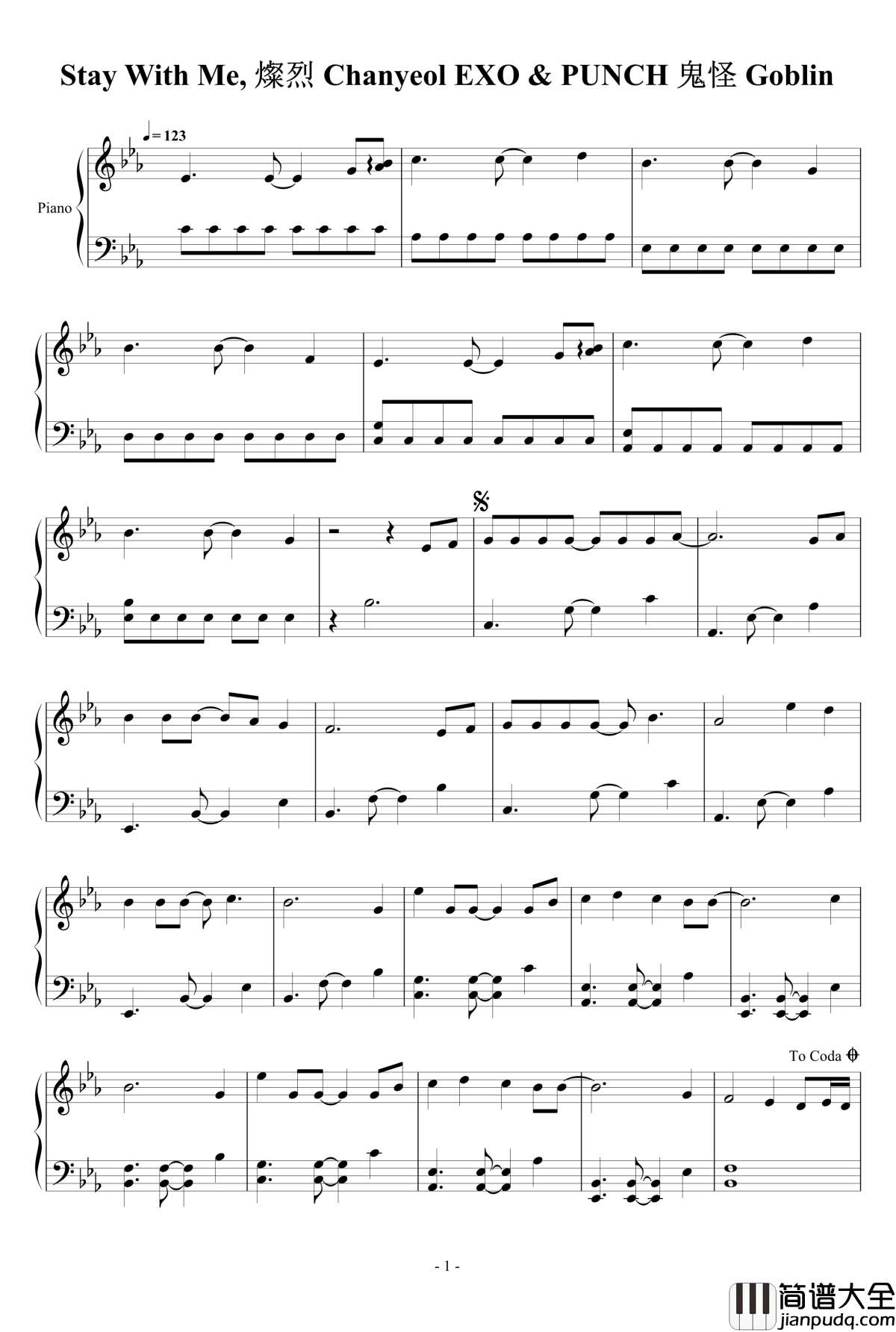 stay_with_me钢琴谱_朴灿烈