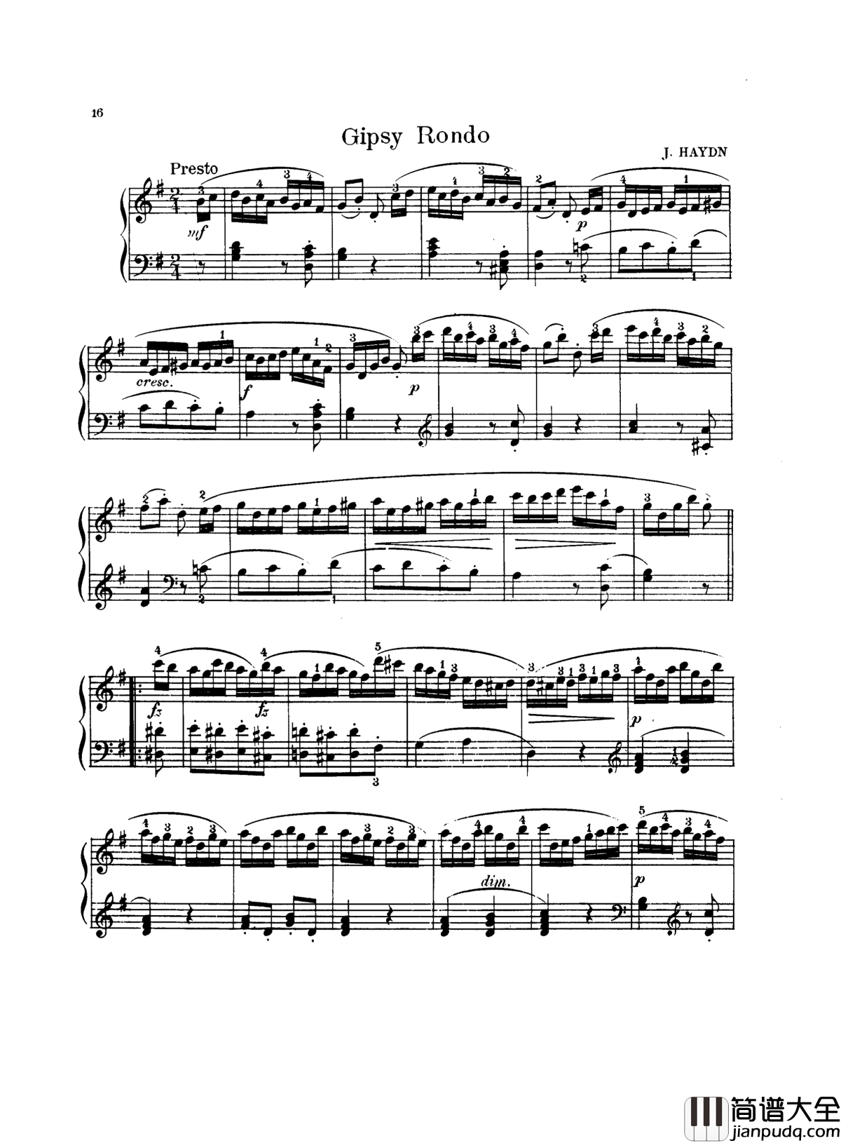 吉普赛回旋曲钢琴谱_带指法版_海顿