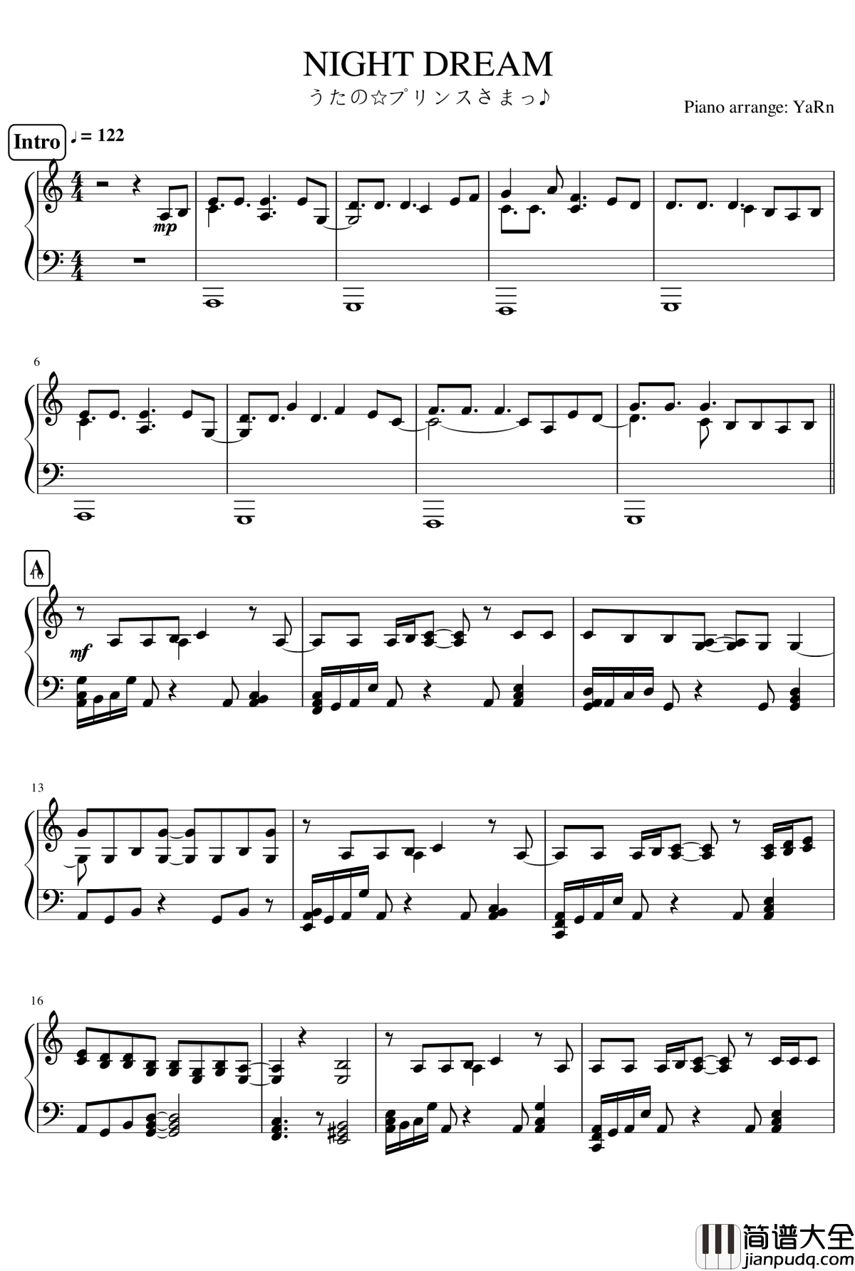 NIGHT_DREAM钢琴谱_歌之王子殿下