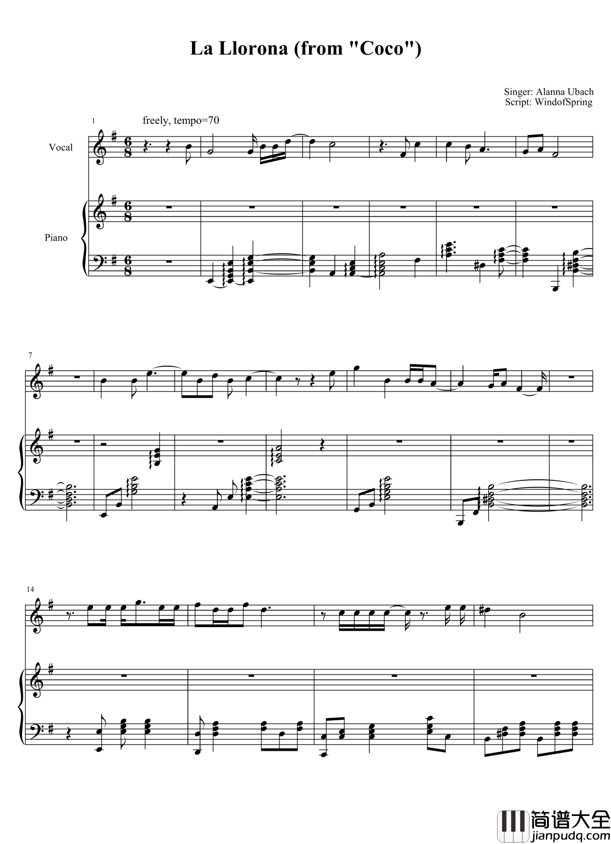 La_Llorona钢琴谱_coco