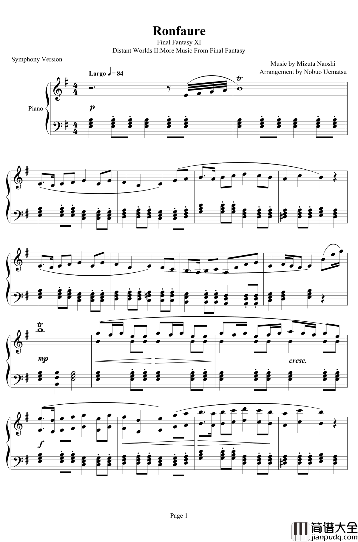 Ronfaure钢琴谱_最终幻想