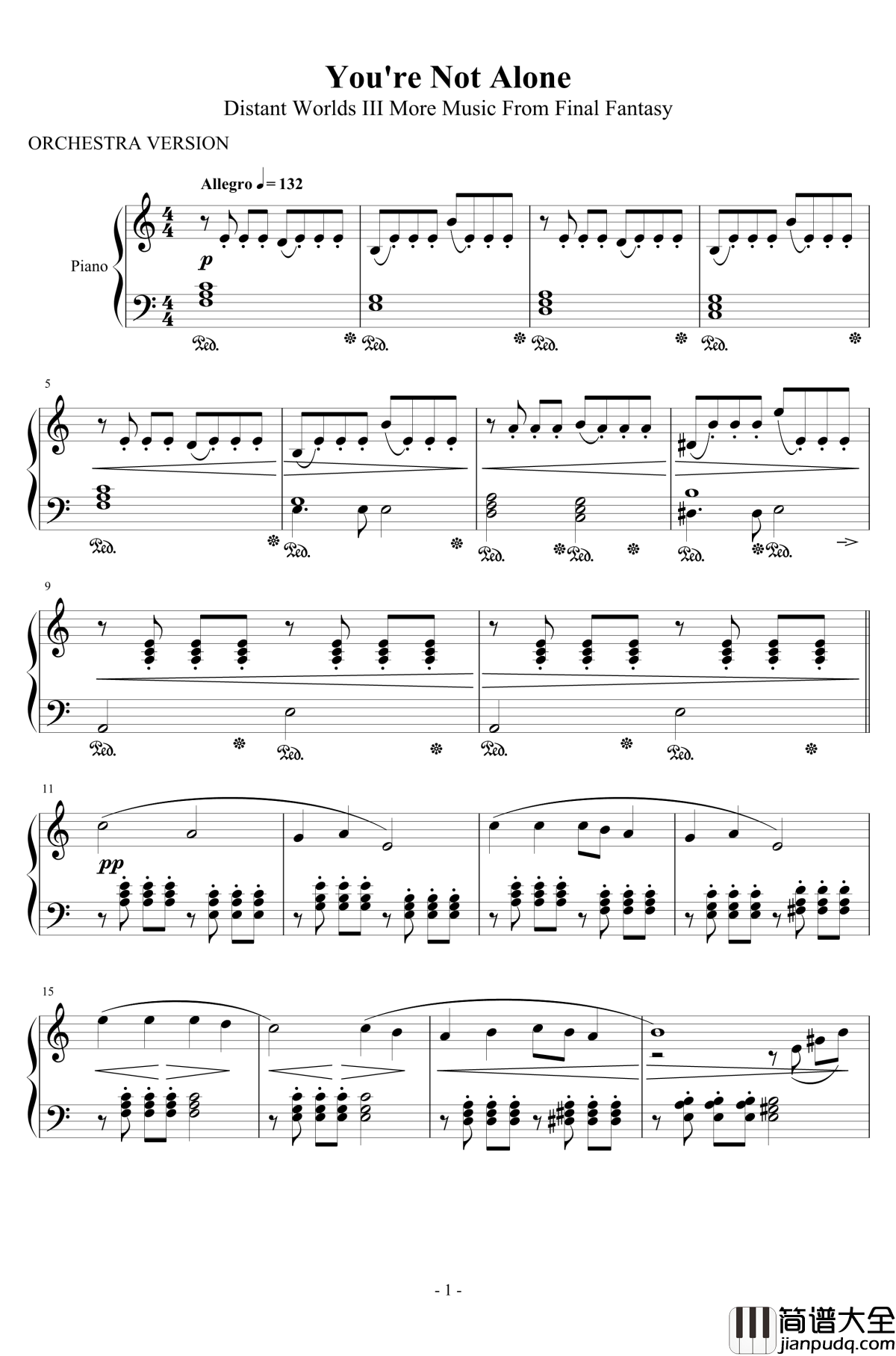 You're_Not_Alone钢琴谱_最终幻想
