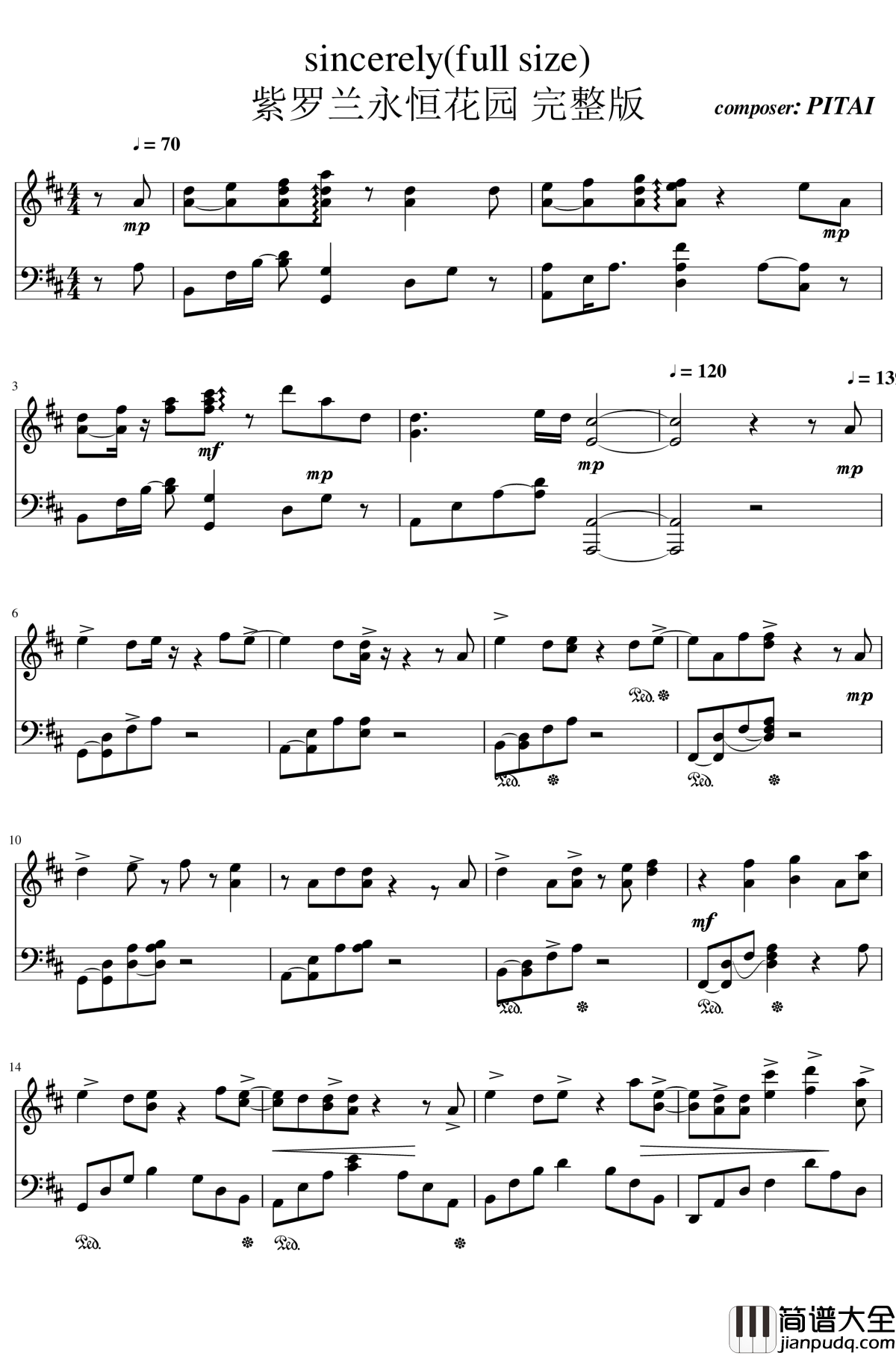 sincerely钢琴谱_精制完整版_紫罗兰永恒花园