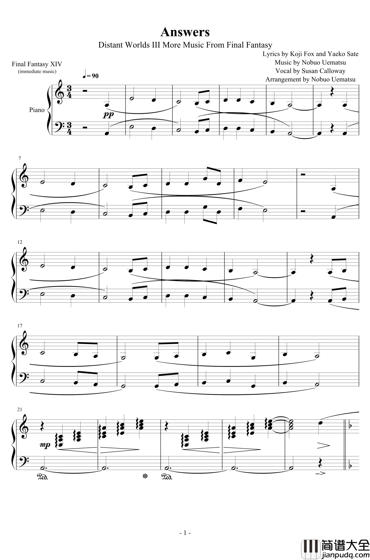 Answers钢琴谱_Susan_Calloway