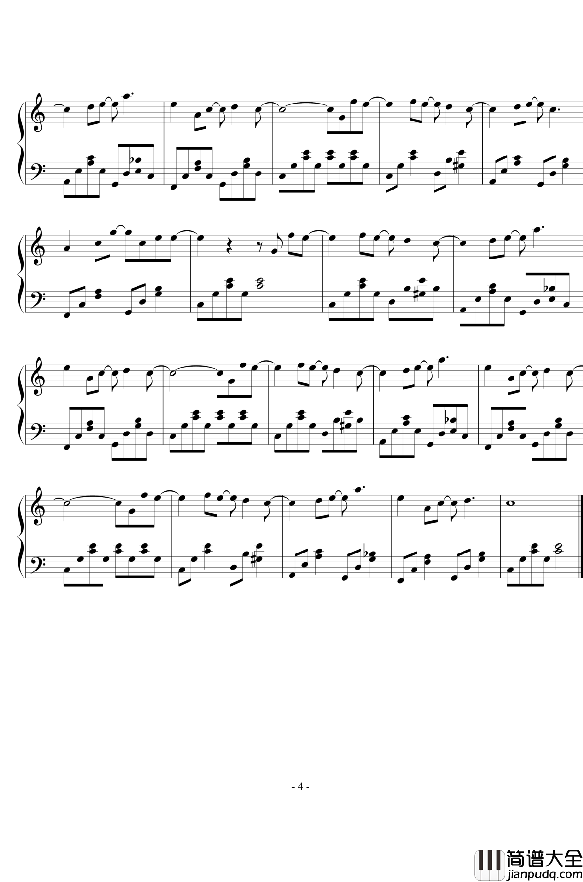 告白气球C调钢琴谱_简易版_周杰伦