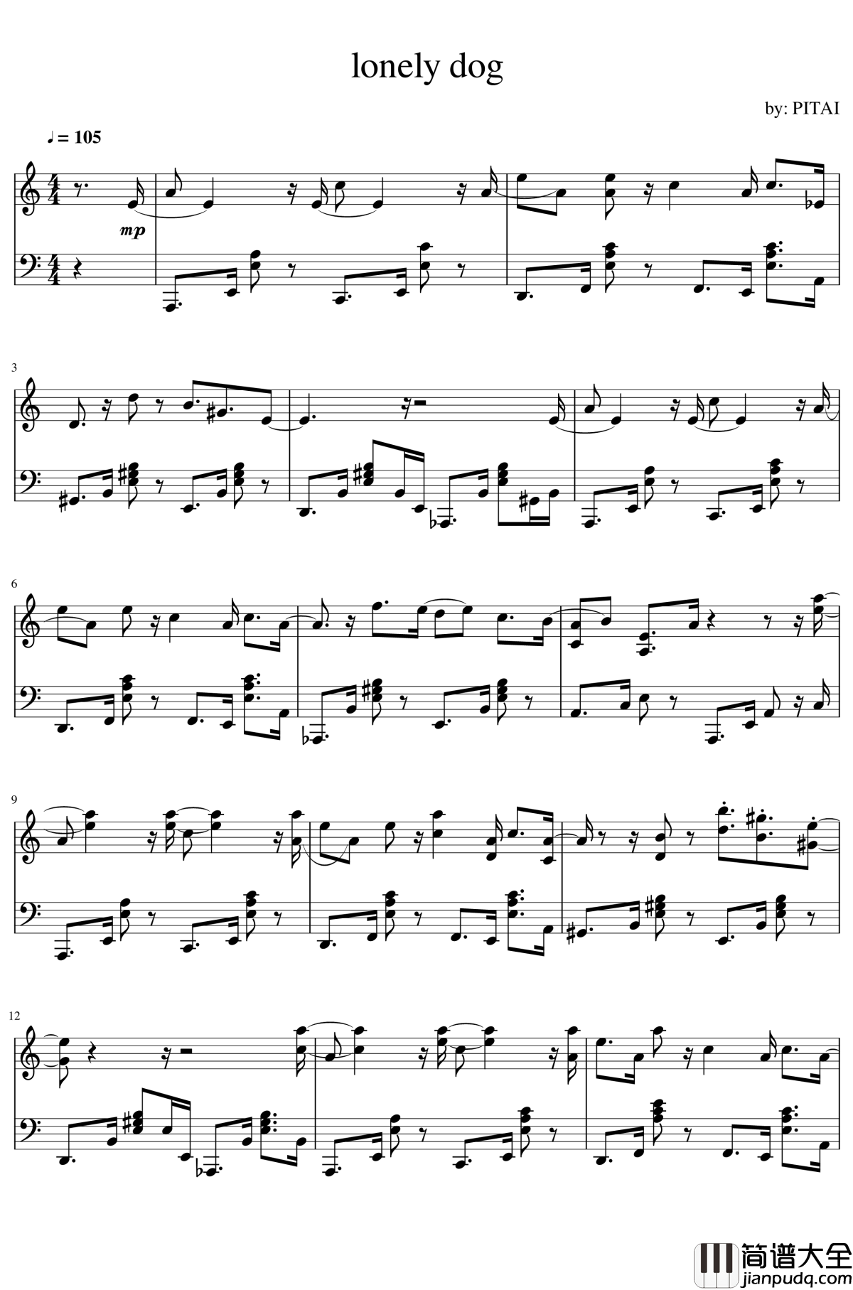 lonely_dogge钢琴谱_Pitai