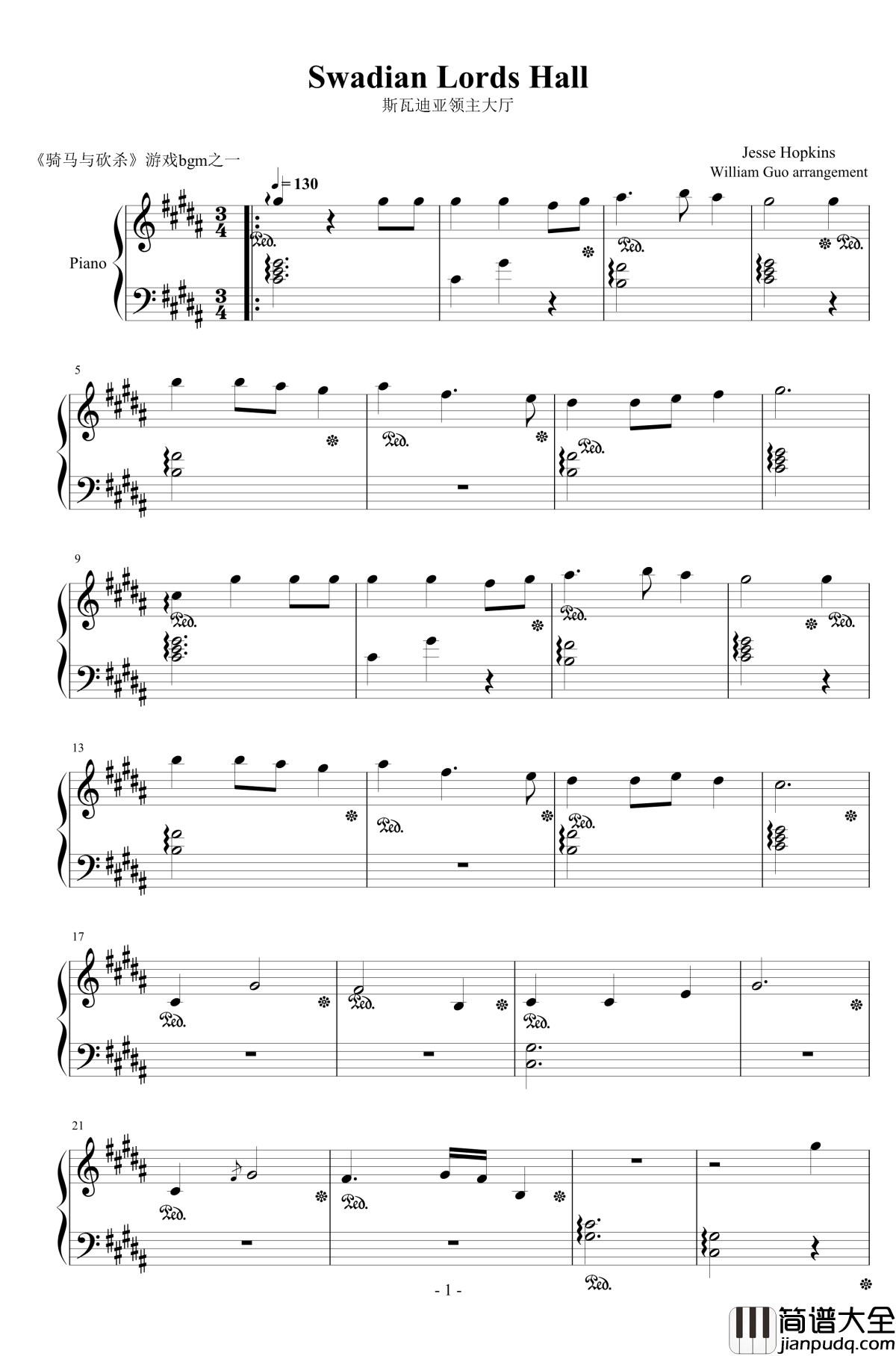 Swadian_Lords_Hall钢琴谱_斯瓦迪亚领主大厅_骑马与砍杀