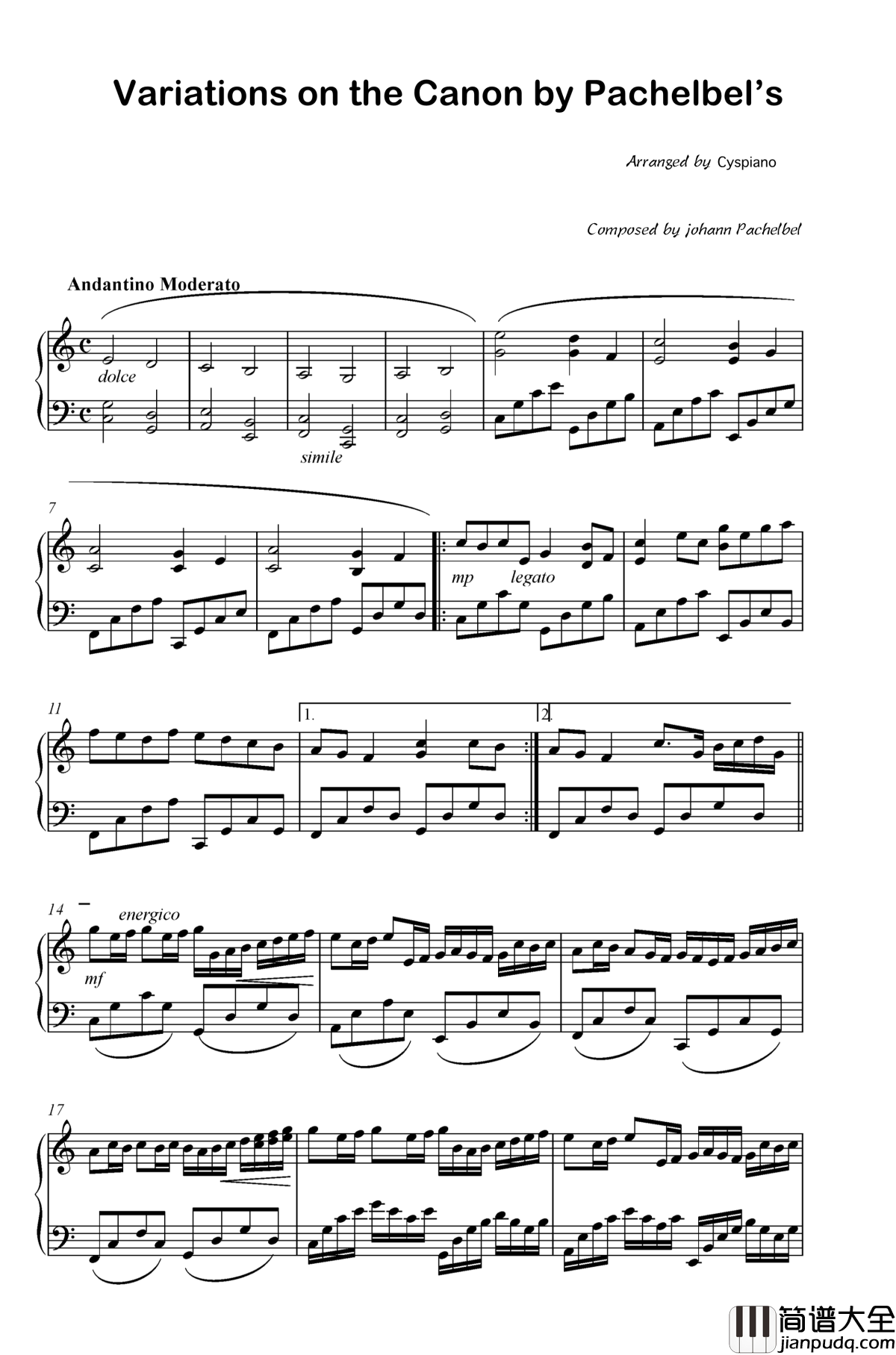 卡农帕赫贝尔钢琴谱_C大调Pachelbel