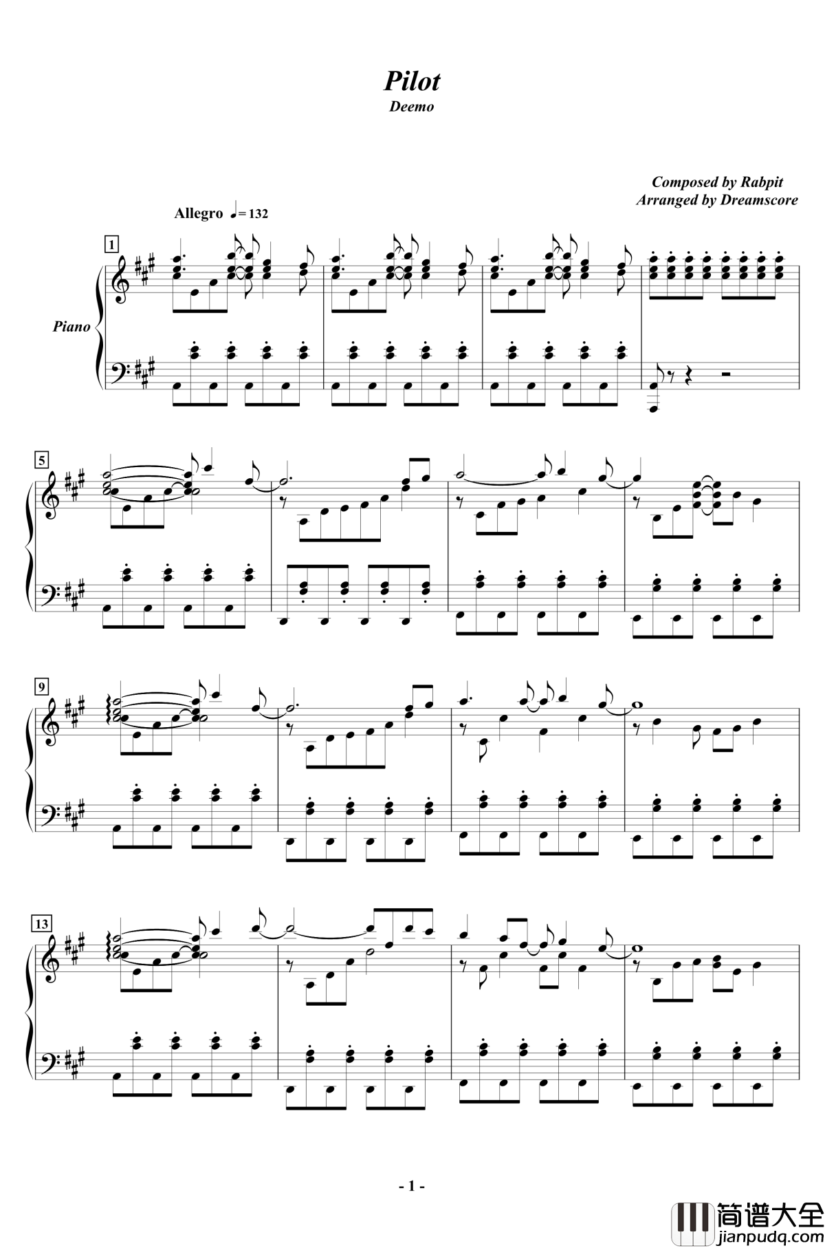 Deemo钢琴谱__Pilot_Rabpit