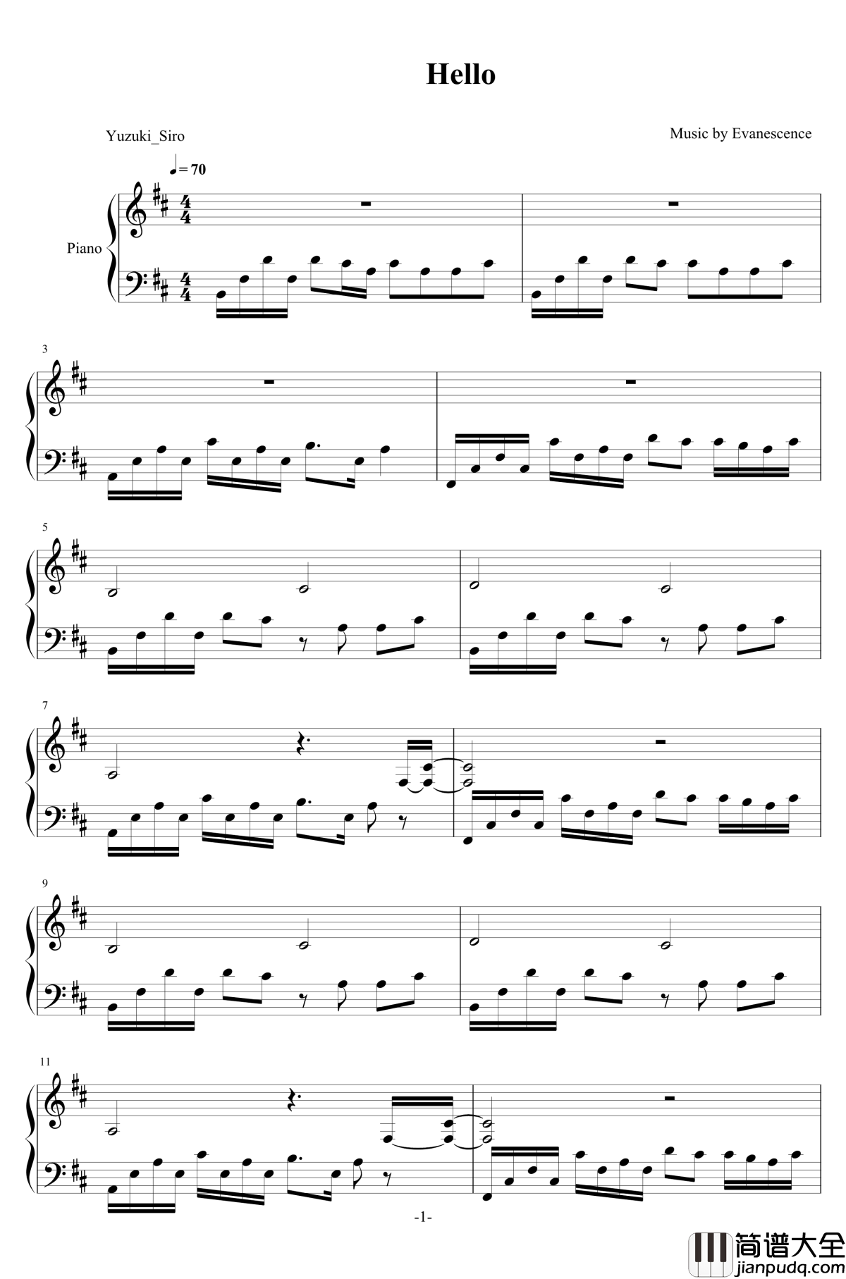 Hello钢琴谱_Evanescence