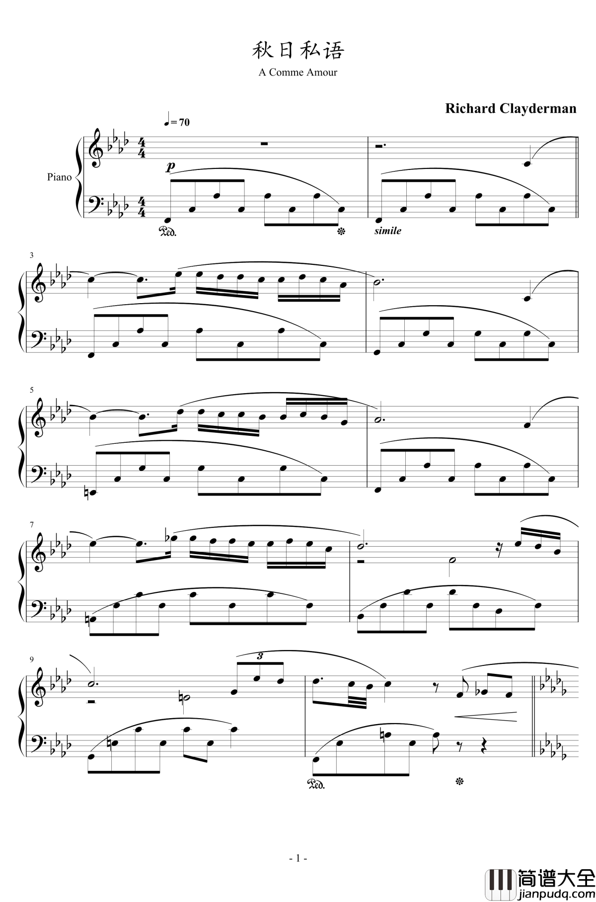秋日私语钢琴谱_克莱德曼