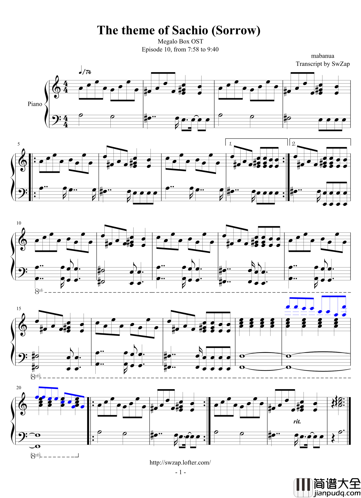 The_theme_of_Sachio_钢琴谱_Sorrow_Megalo_Box