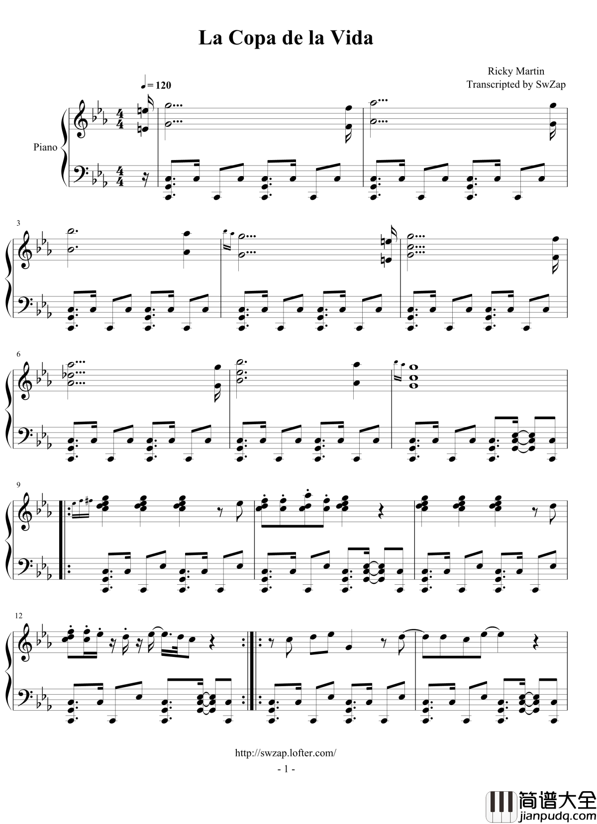 1998年世界杯官方歌曲_生命之杯_钢琴谱_瑞奇.马丁